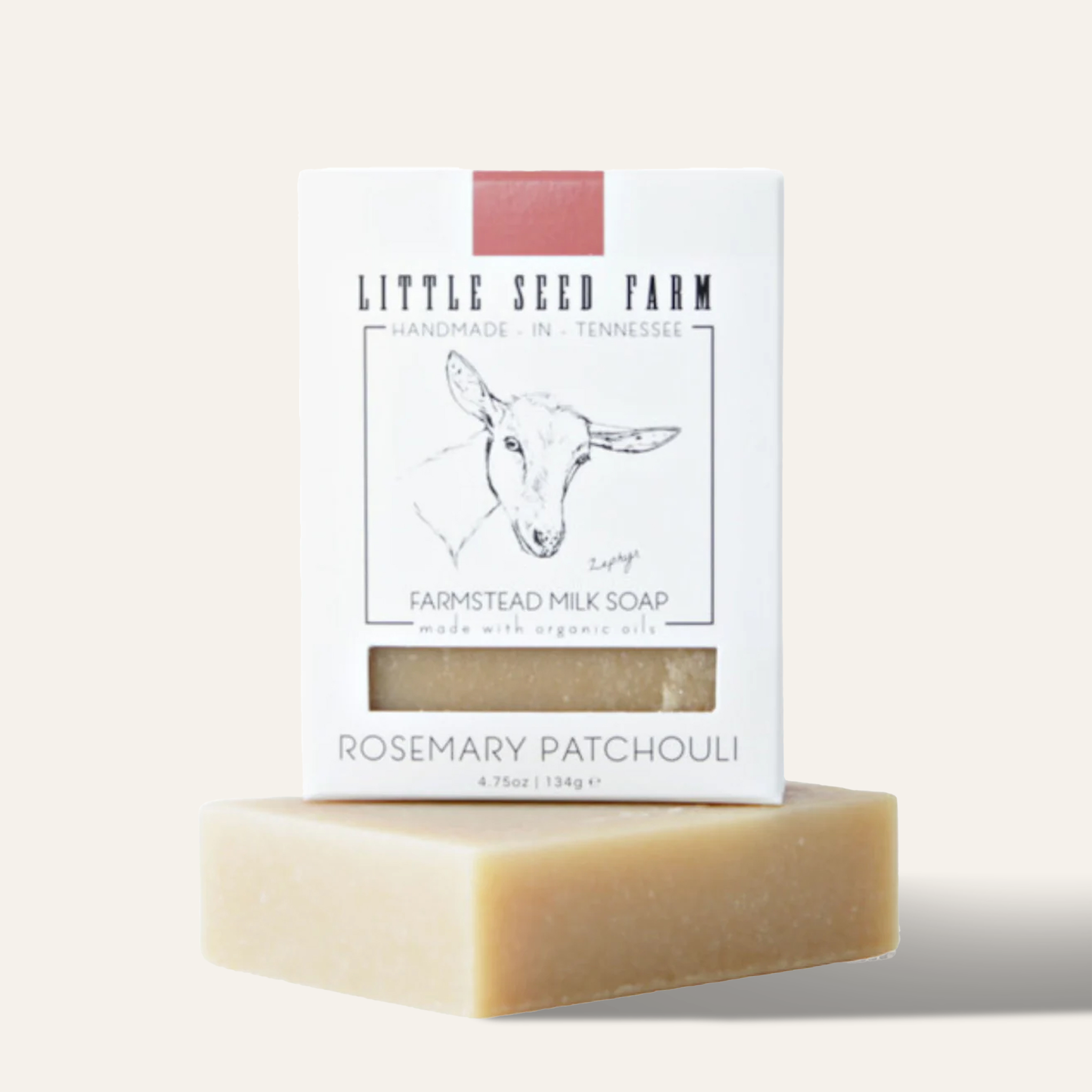 Little Seed Farm Rosemary Patchouli goat’s milk soap bar made with organic goat’s milk, olive and coconut oils, rosemary and calming patchouli essential oils for grounding, nourishing, and rejuvenating skin.