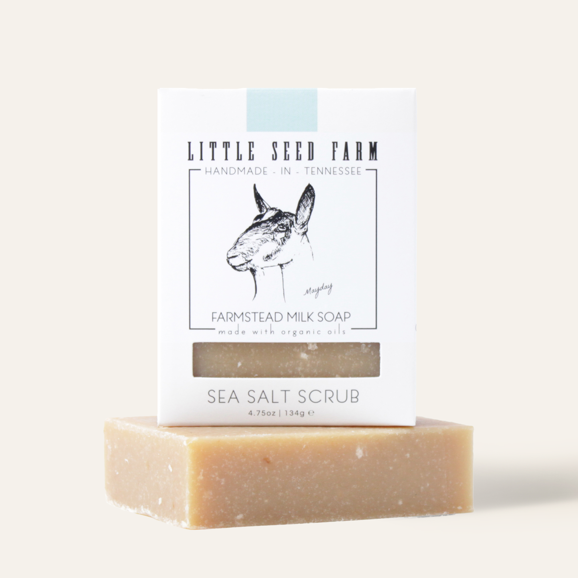 Little Seed Farm Sea Salt Soap Bar crafted with organic olive and coconut oils, mineral-rich sea salt from Bulls Bay Saltworks, and goat's milk for a refreshing, exfoliating cleanse with a bright citrus-mint scent.