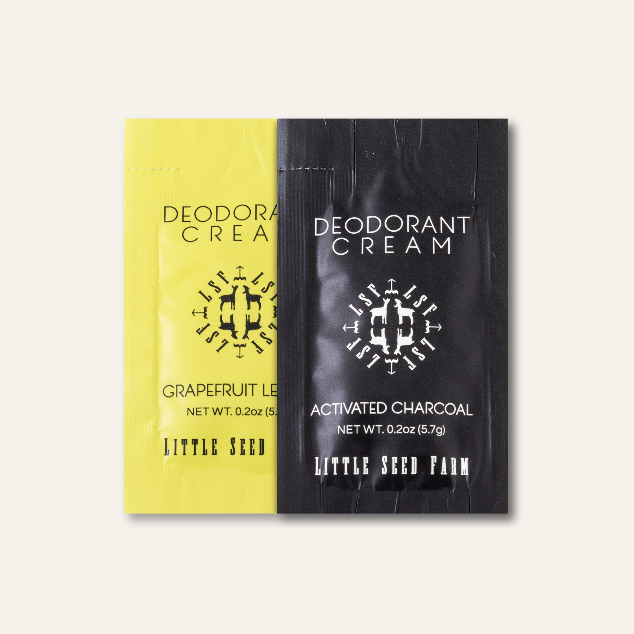 Activated Charcoal natural deodorant cream sample pouch, aluminum‑ and baking soda‑free with charcoal‑boosted minty herbal scent for gentle odor protection.