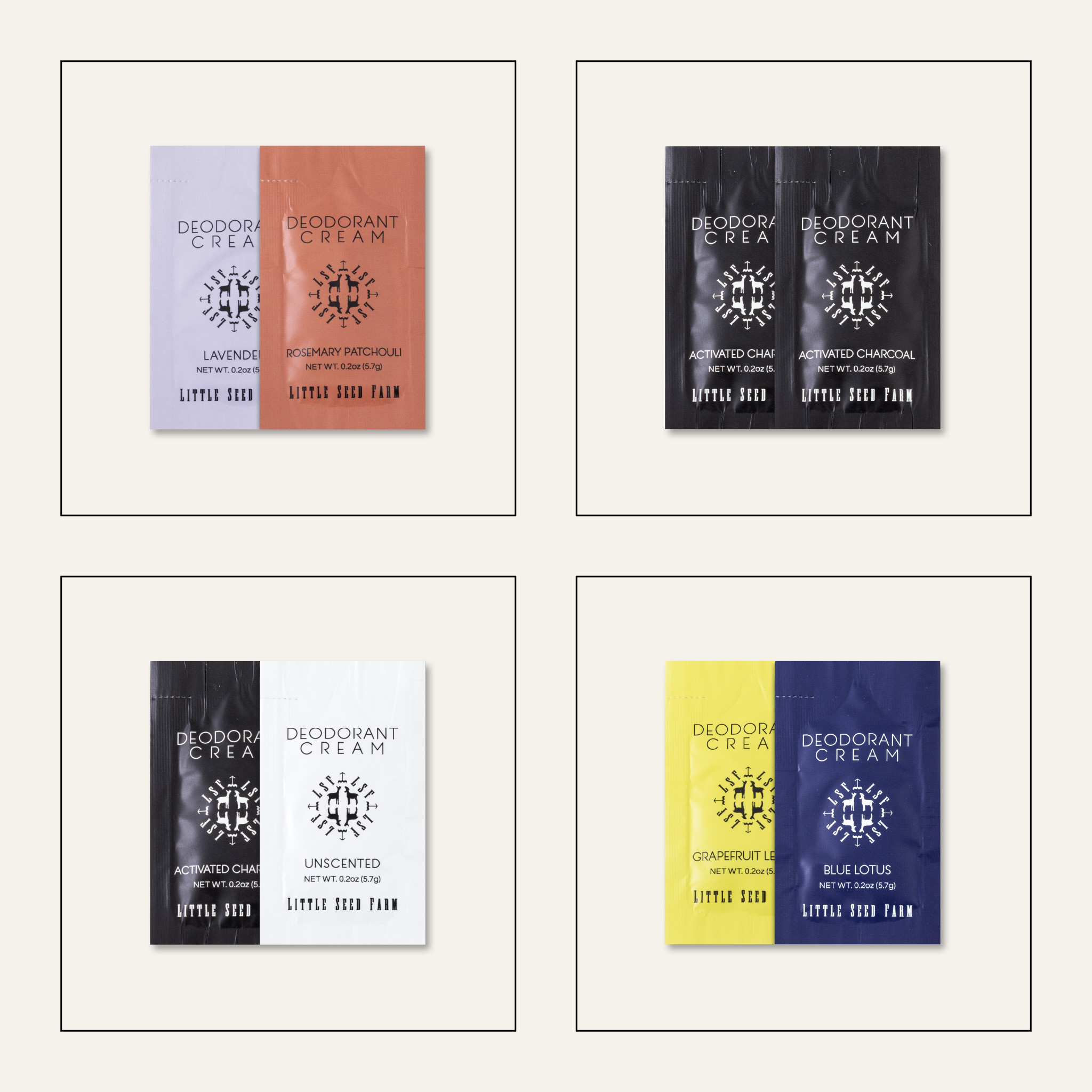 Little Seed Farm deodorant cream sample pouches shown in recyclable packaging, highlighting the brand’s sustainable, aluminum‑ and baking soda‑free formula made with organic ingredients.