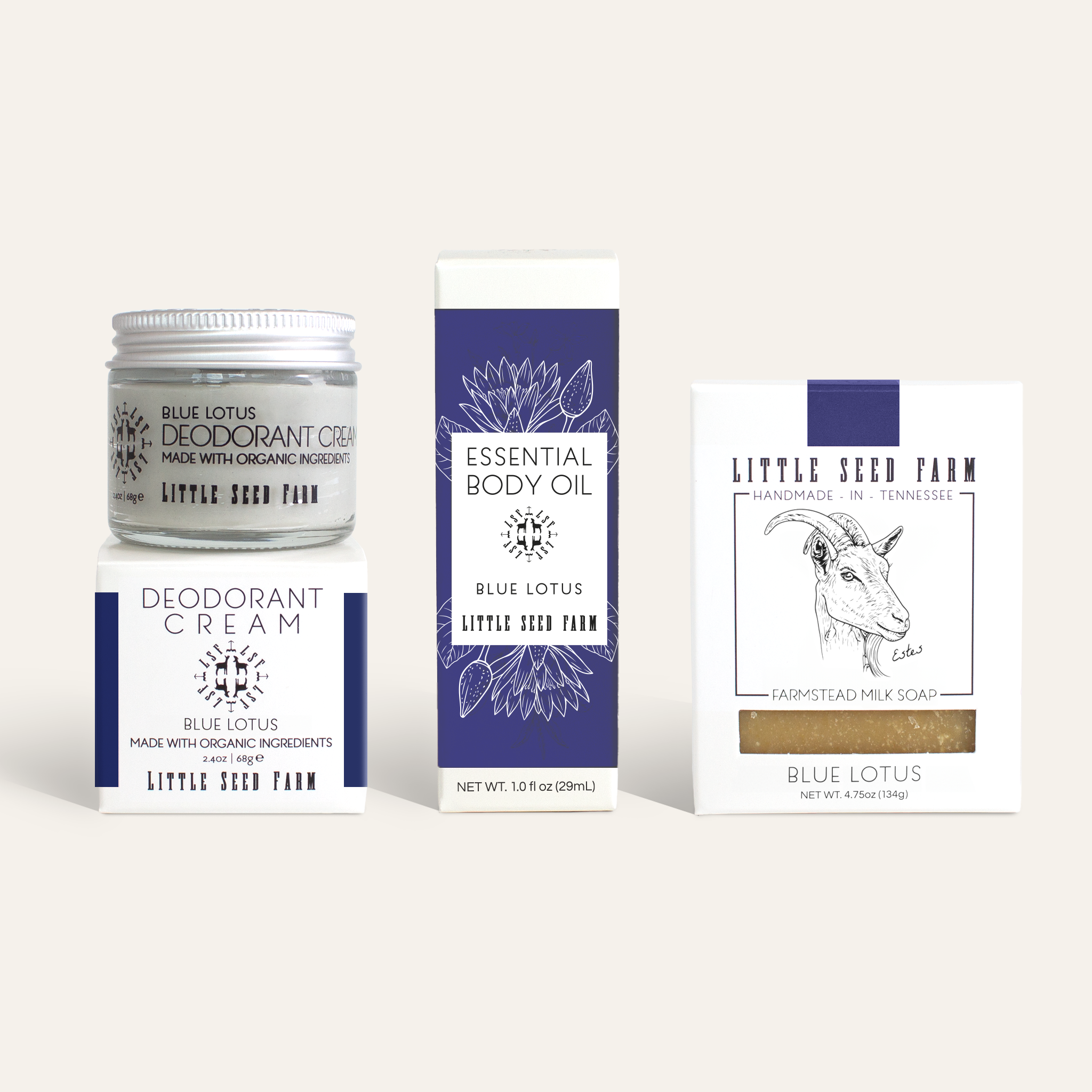 Blue Lotus Bodycare Scent Set from Little Seed Farm, including farmstead goat’s milk soap, aluminum‑free deodorant cream, and essential body oil infused with blue lotus flower oil and nourishing botanical oils for gentle cleansing, hydration, and odor protection