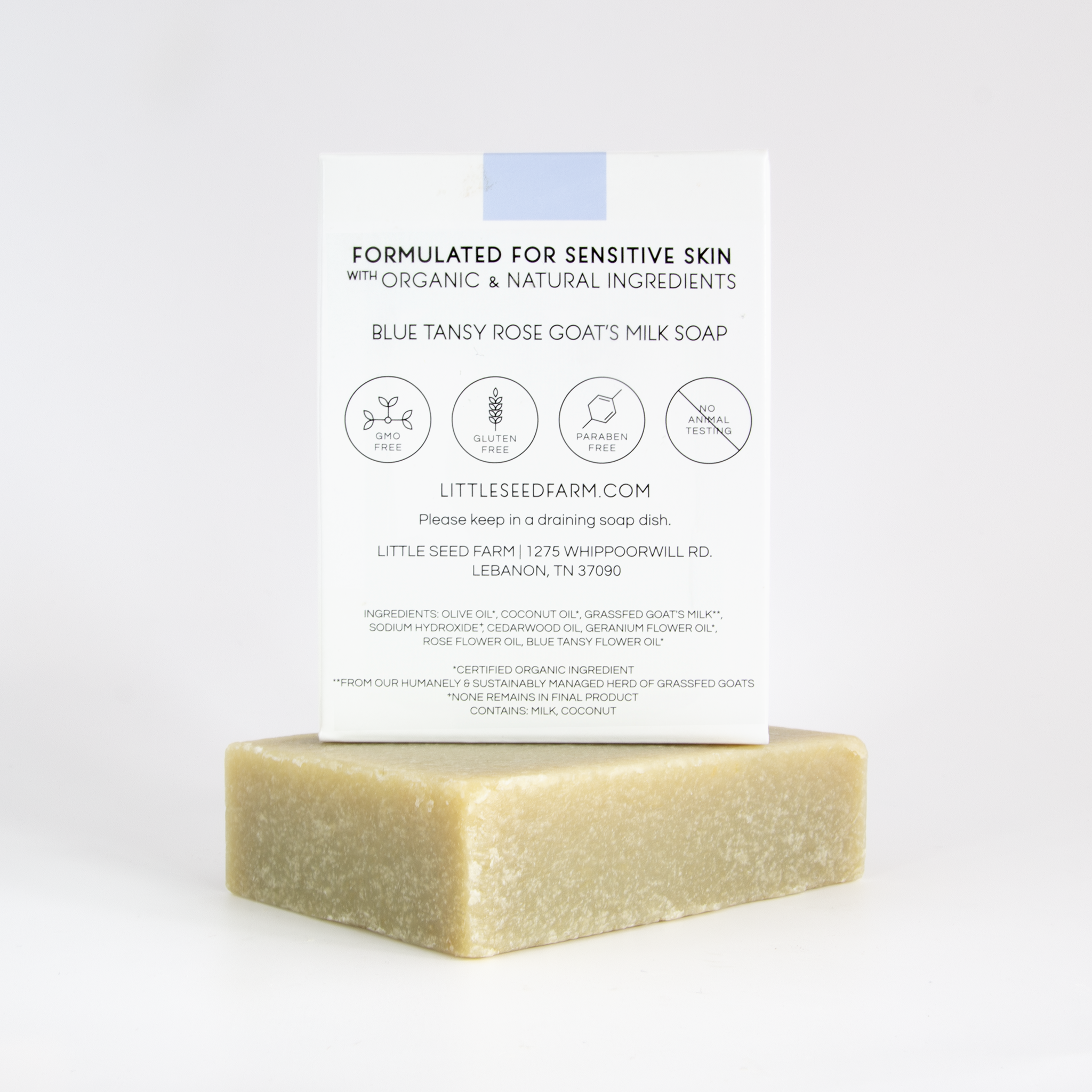 Blue Tansy Rose goat milk soap by Little Seed Farm, made with soothing blue tansy and rose essential oils, nourishing goat milk, and natural ingredients for gentle, calming skin care.