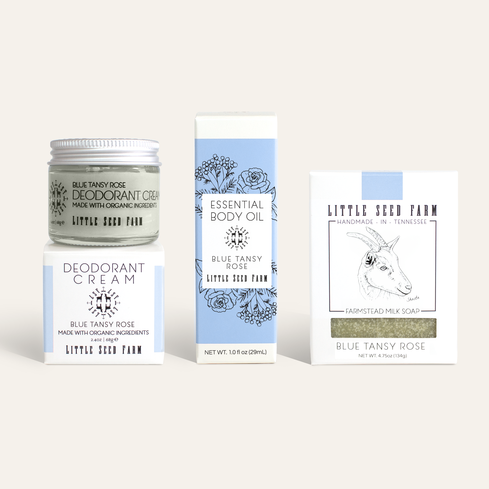 Little Seed Farm Blue Tansy Rose Bodycare Set featuring organic goat milk soap, botanical body oil, and creamy body butter with calming blue tansy, rose absolute, and nourishing plant-based ingredients for sensitive skin.