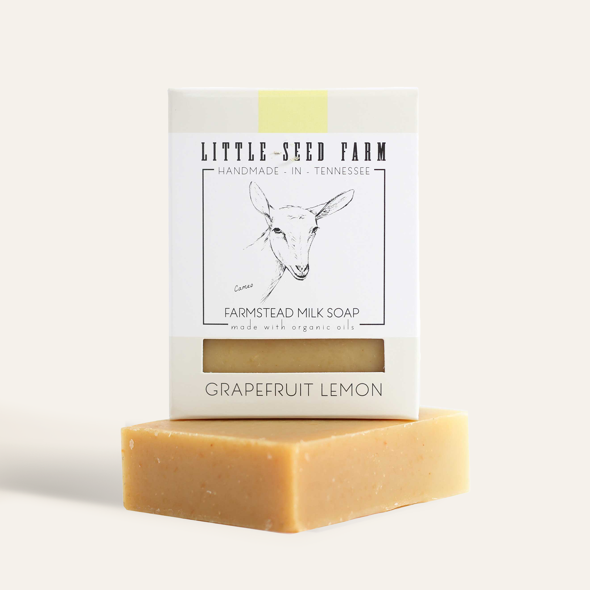 Little Seed Farm Grapefruit Lemon goat’s milk bar soap with turmeric, organic grapefruit, lemon, lemongrass and litsea cubeba essential oils for brightening, acne‑fighting and skin balancing.