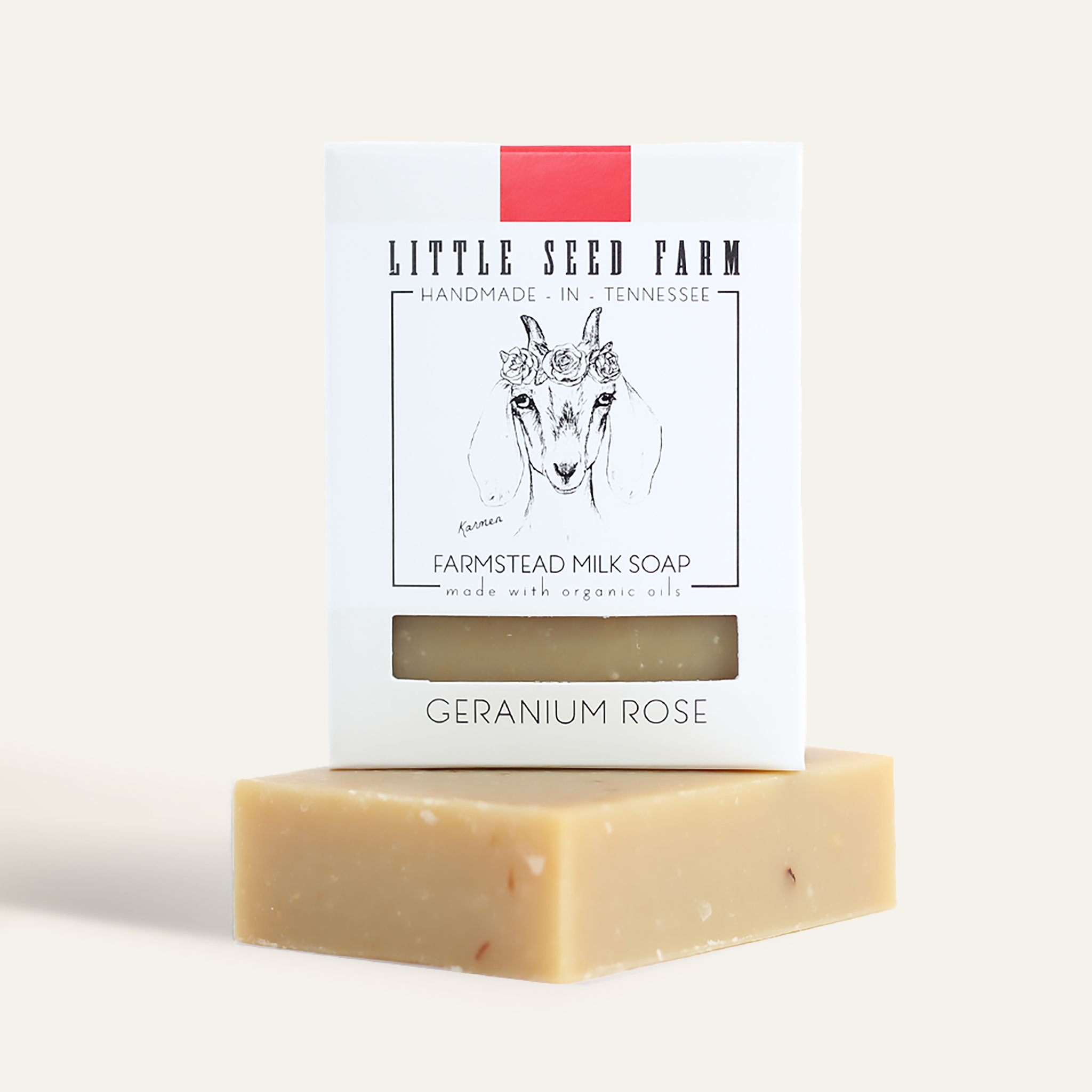 Little Seed Farm Geranium Rose facial & body goat milk bar soap infused with uplifting geranium rose essential oil and ground rose petals for balancing and polishing skin.
