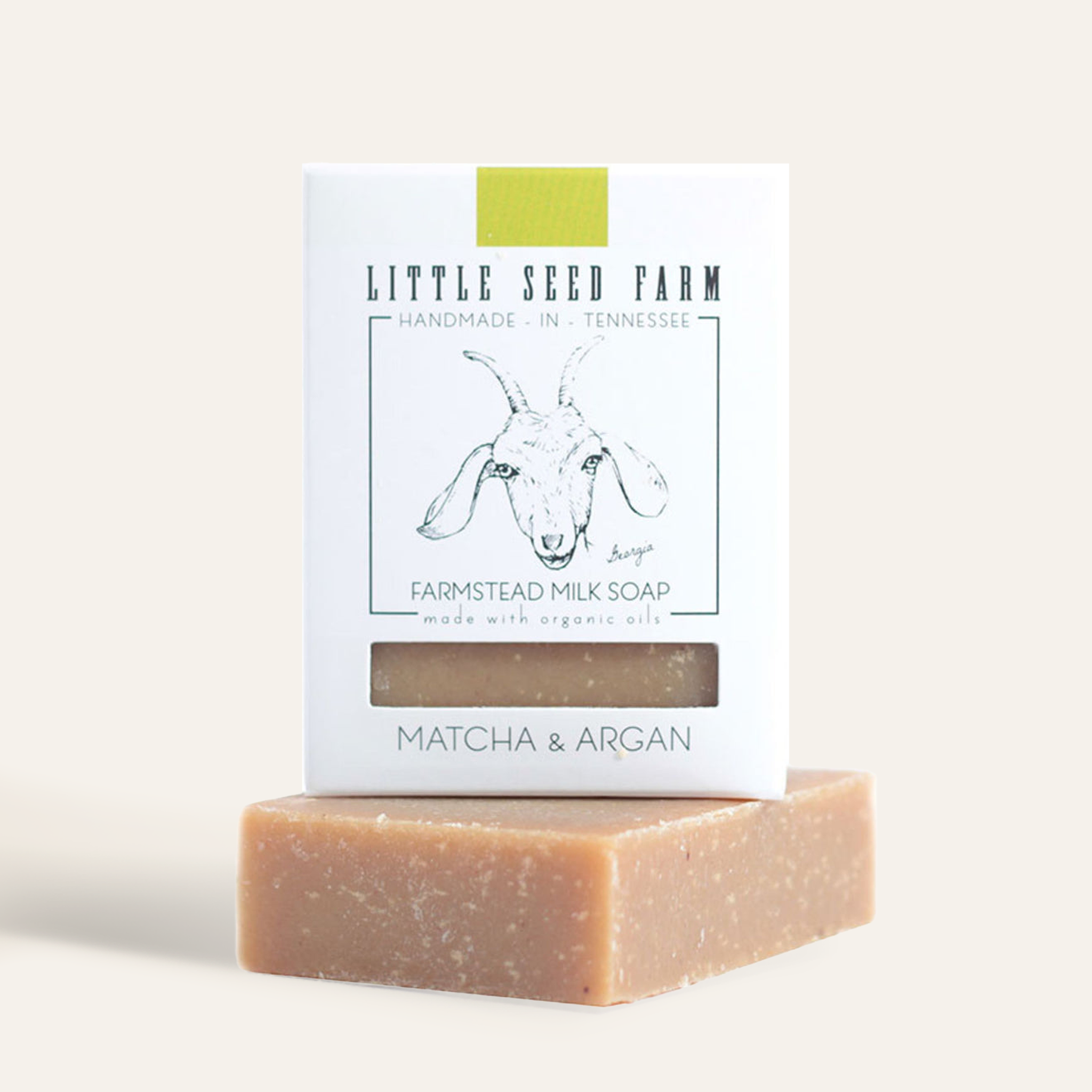 Little Seed Farm Matcha & Argan facial and body bar soap made with grass‑fed goat’s milk, organic matcha and cold‑pressed argan oil for antioxidant-rich, soothing skincare.