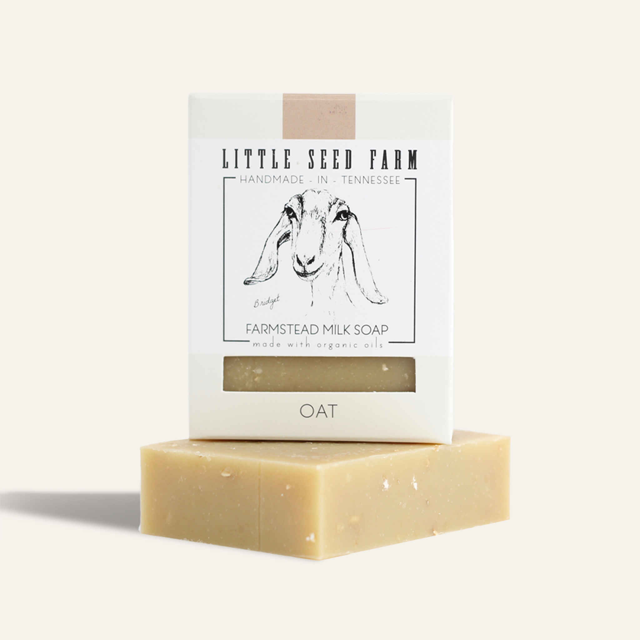 Little Seed Farm Oatmeal Scrub Bar made with organic goat’s milk, finely ground oats to exfoliate and soothe, plus olive and coconut oils for soft, calm, and balanced skin.