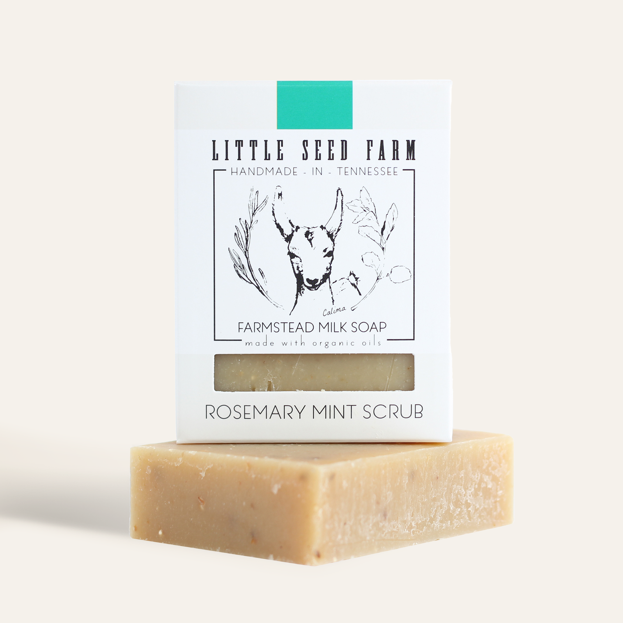 Little Seed Farm Rosemary Mint Scrub Bar soap made with organic goat’s milk, cornmeal, rosemary and spearmint essential oils and leaves for gentle exfoliation, soothing hydration, and an energizing minty‑herbal scent.