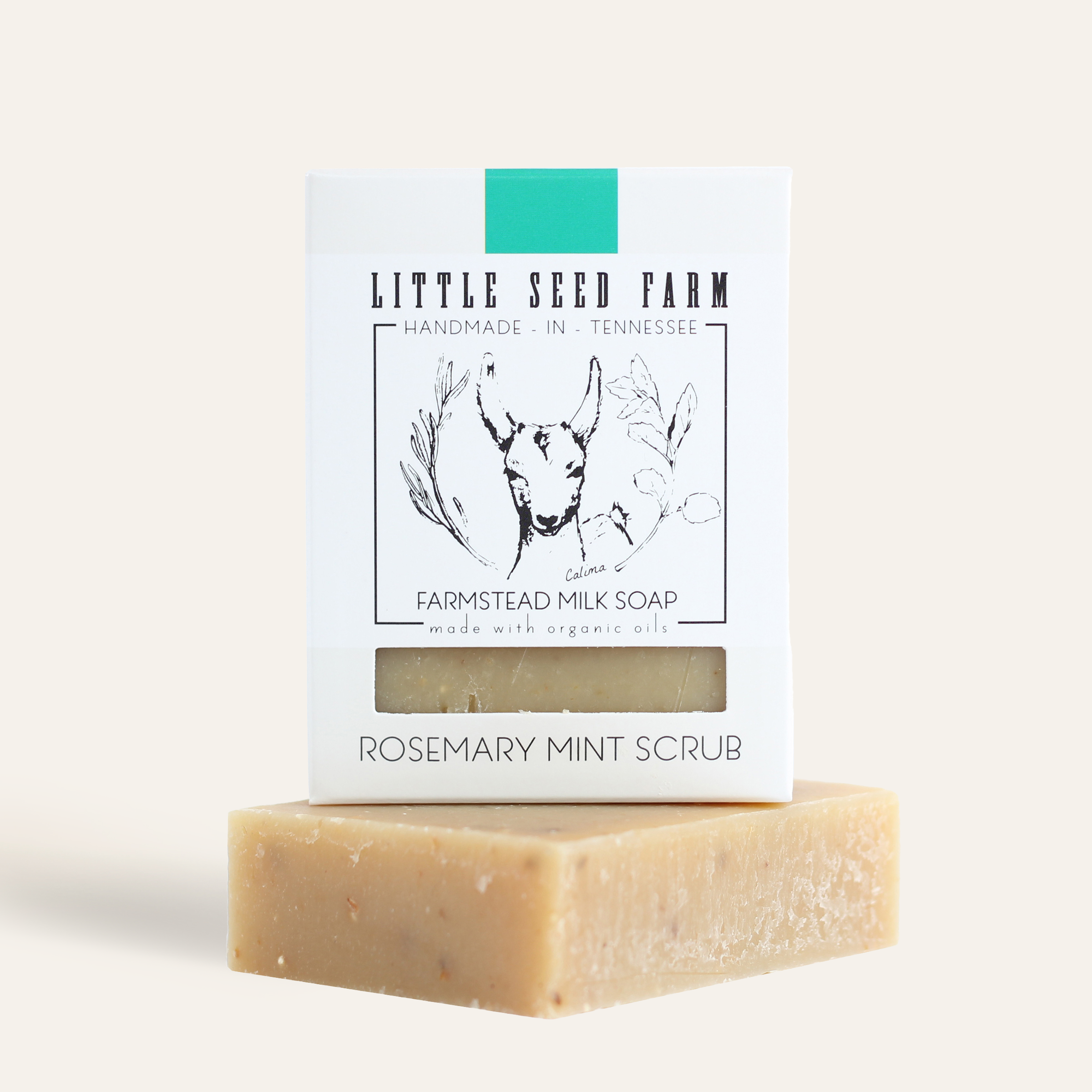 Little Seed Farm Rosemary Mint Scrub Bar soap made with organic goat’s milk, cornmeal, rosemary and spearmint essential oils and leaves for gentle exfoliation, soothing hydration, and an energizing minty‑herbal scent.