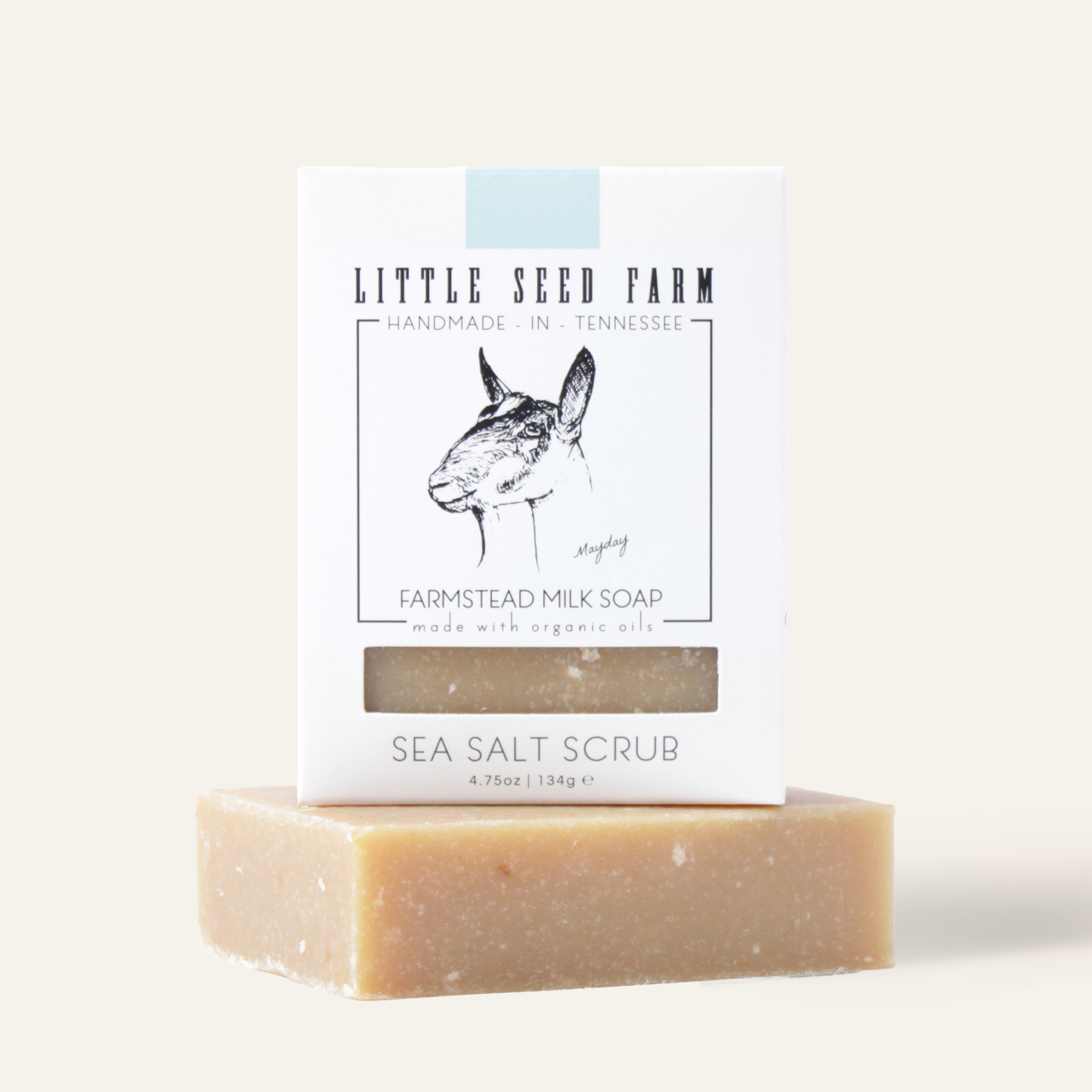 Little Seed Farm Sea Salt Soap Bar crafted with organic olive and coconut oils, mineral-rich sea salt from Bulls Bay Saltworks, and goat's milk for a refreshing, exfoliating cleanse with a bright citrus-mint scent.