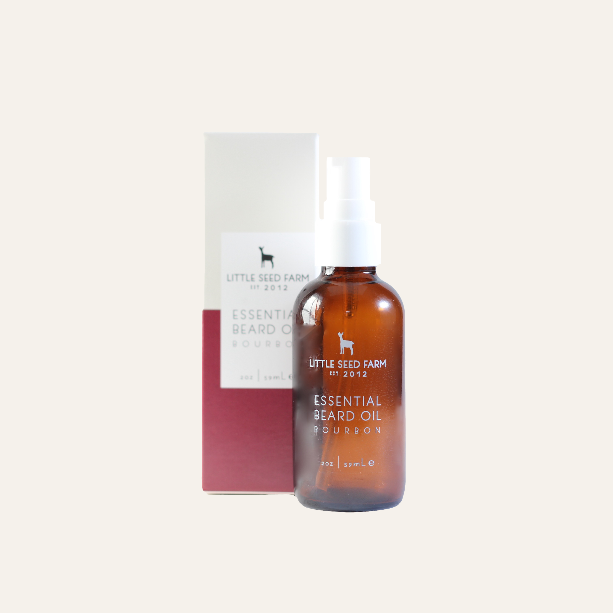 Little Seed Farm Organic Beard Essential Oil in a 2 fl oz amber glass bottle, featuring a blend of organic argan, jojoba, and sunflower oils infused with cedarwood, vetiver, sweet orange, and vanilla essential oils to soften facial hair, moisturize skin, and leave a warm, smoky scent reminiscent of Tennessee bourbon.