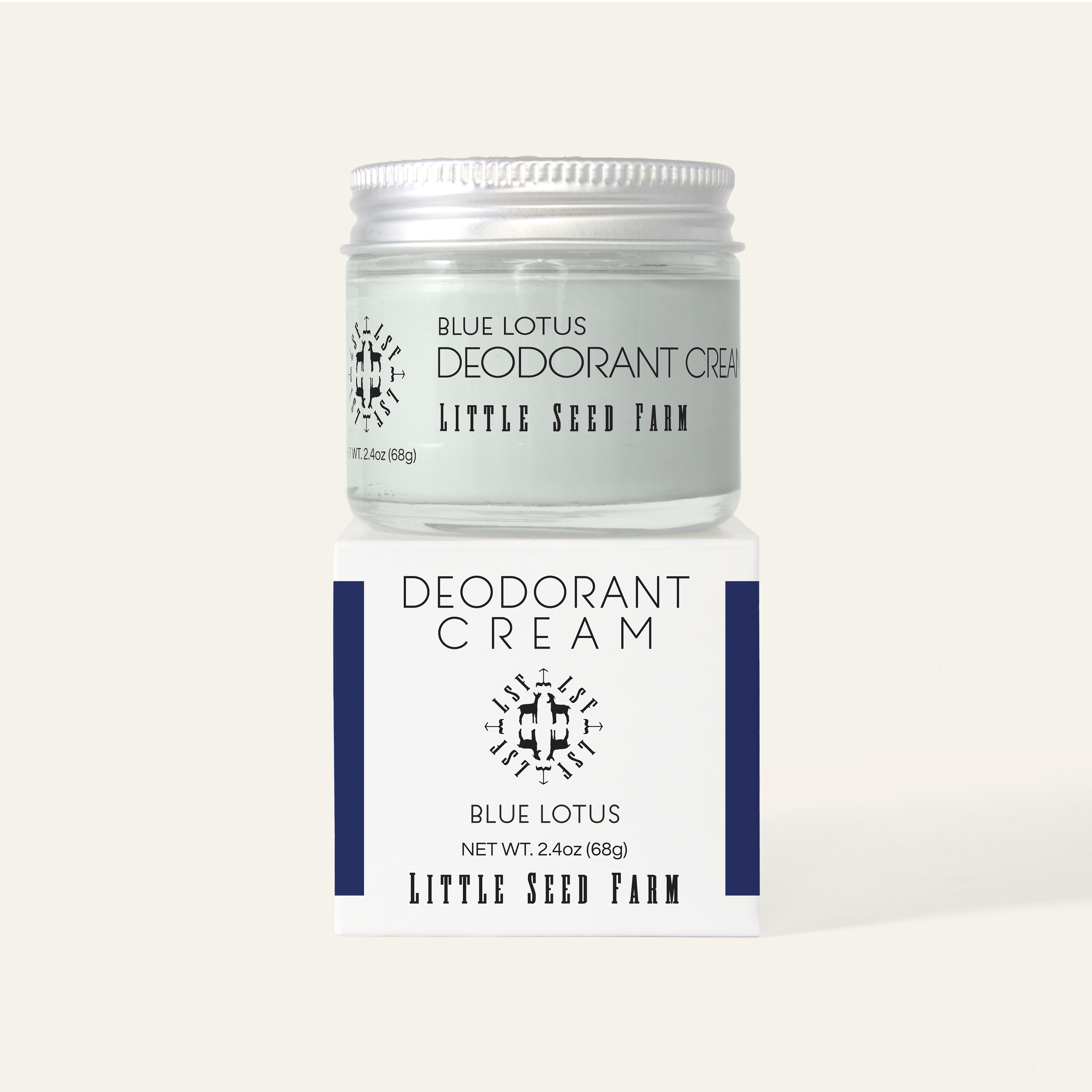 Little Seed Farm Blue Lotus Deodorant Cream jar on its packaging box, featuring clean branding and exotic aroma note mention
