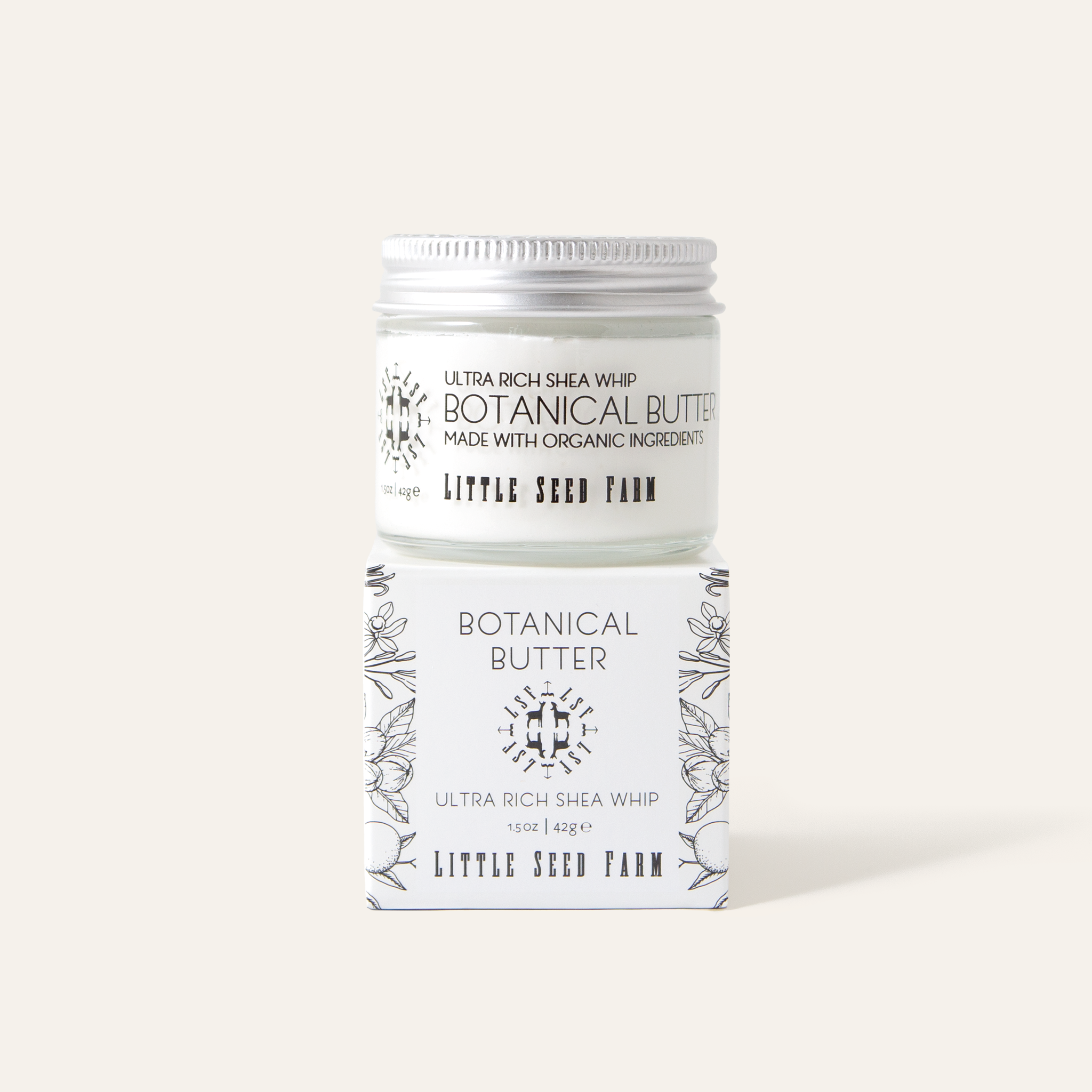 Little Seed Farm Healing Body Butter in a 1.5 oz glass jar, featuring a rich, deeply moisturizing cream made with just five organic ingredients—including shea butter, sweet almond oil, grapefruit peel oil, vanilla extract, and vitamin E—to soothe and hydrate dry or chapped skin.