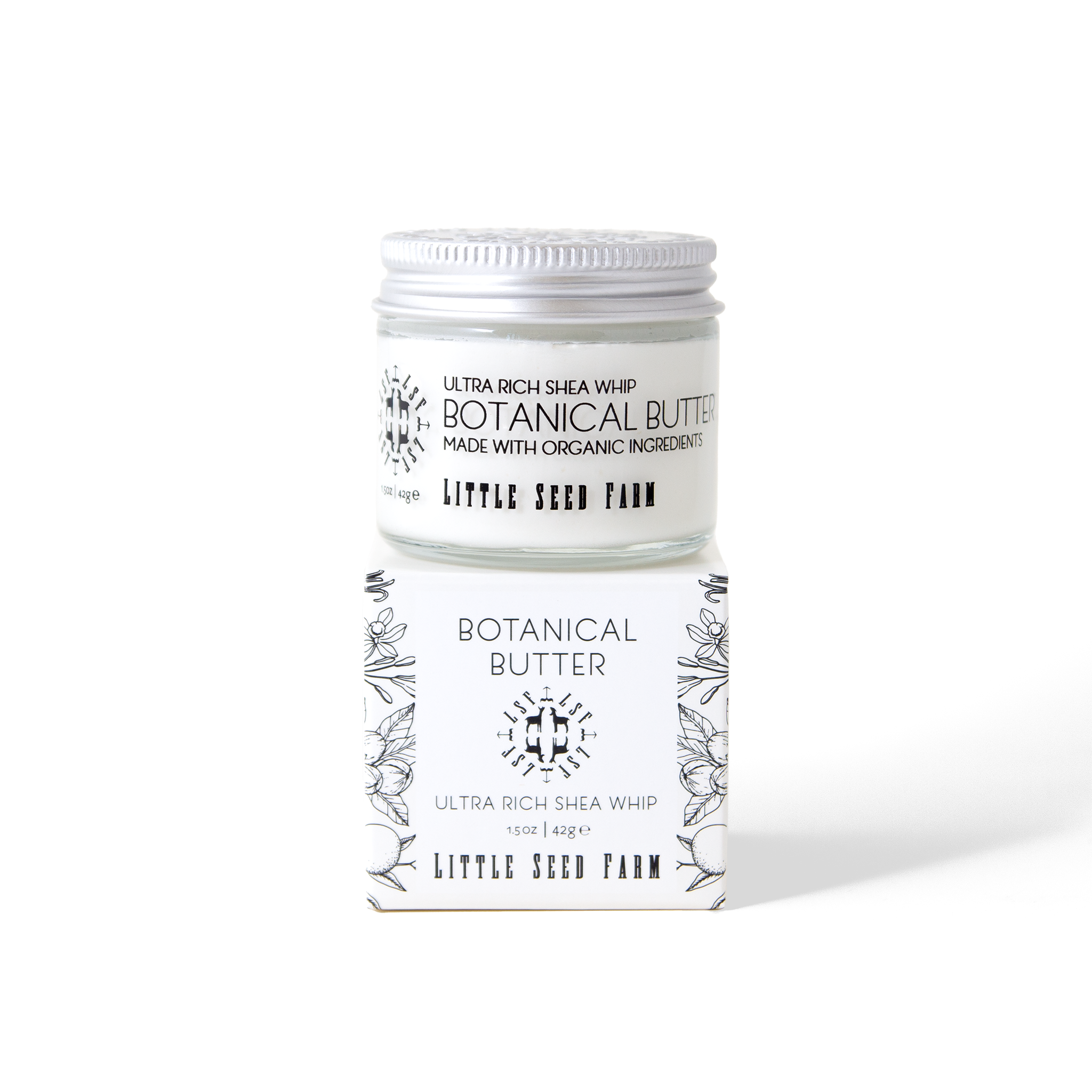 Little Seed Farm Healing Body Butter in a 1.5 oz glass jar, featuring a rich, deeply moisturizing cream made with just five organic ingredients—including shea butter, sweet almond oil, grapefruit peel oil, vanilla extract, and vitamin E—to soothe and hydrate dry or chapped skin.