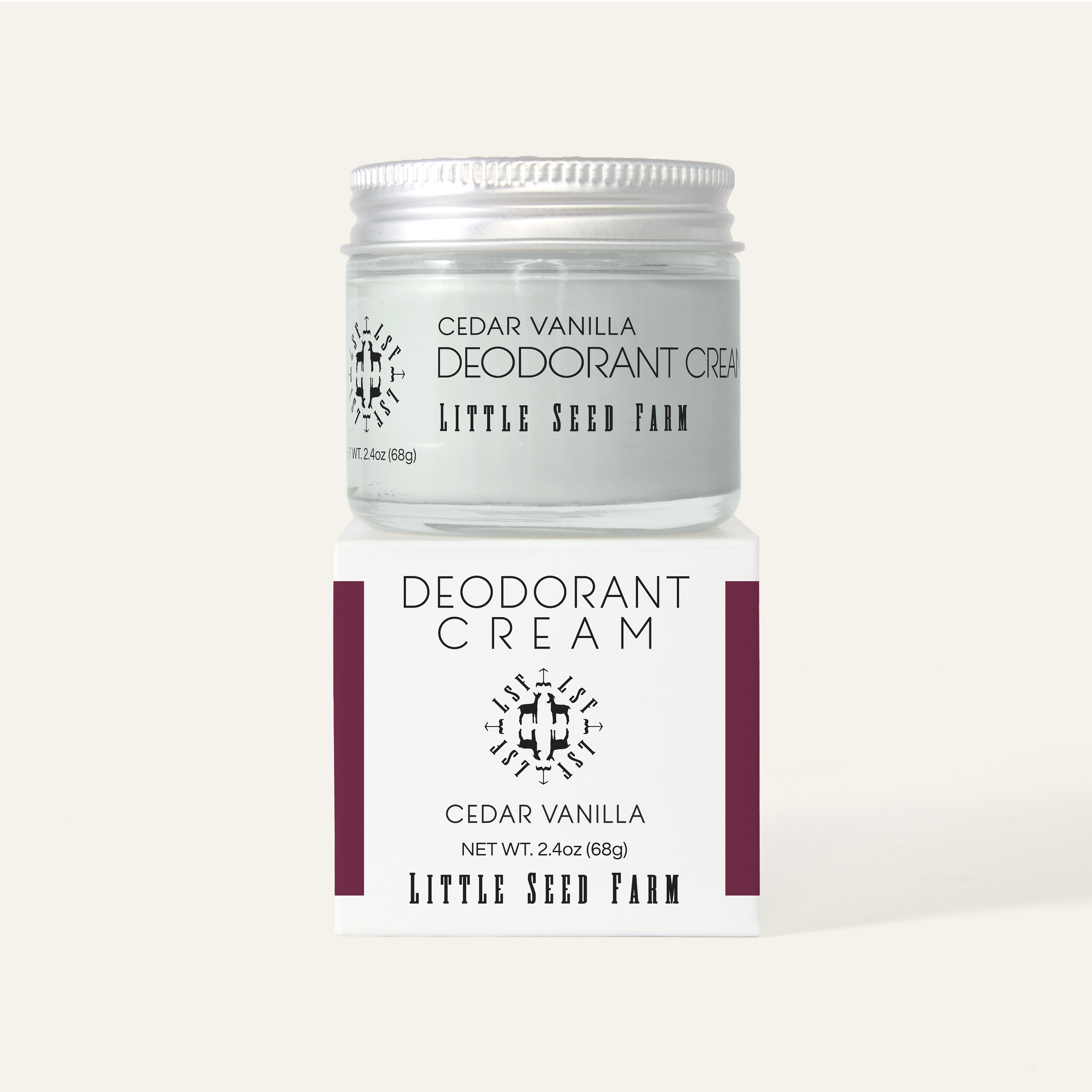 Little Seed Farm Cedar Vanilla Deodorant Cream jar on its packaging box, showcasing natural, aluminum free deodorant