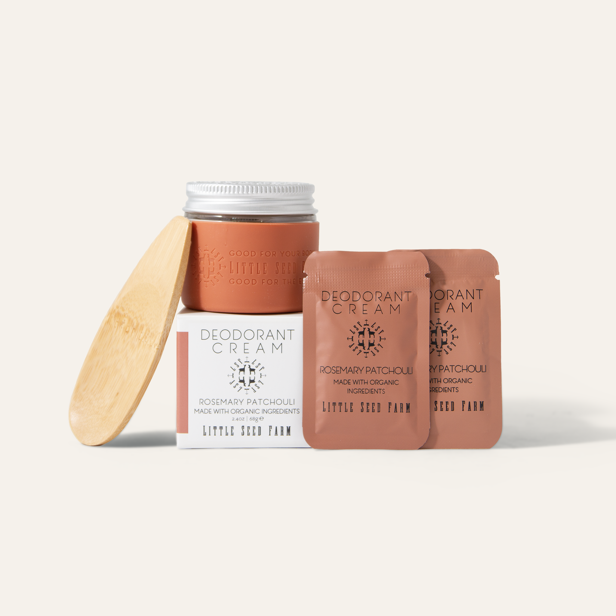 Rosemary Patchouli deodorant cream blending grounding patchouli with energizing rosemary, boosted with charcoal in starter kit.