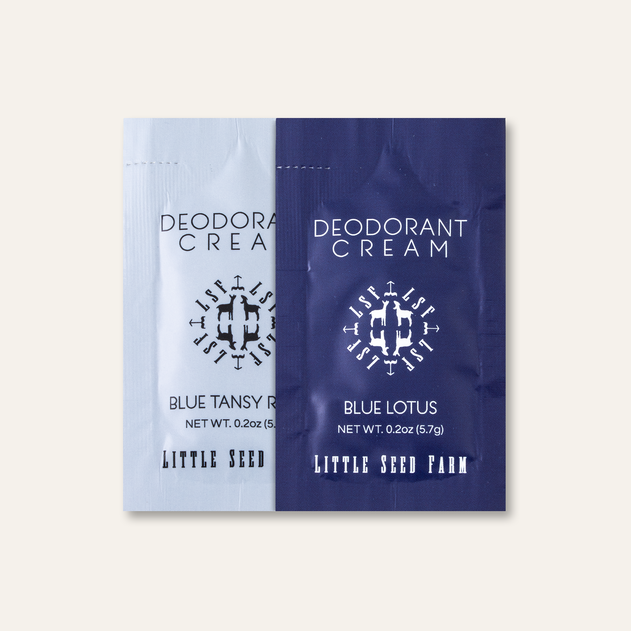 Blue Lotus natural deodorant cream sample pouch, aluminum‑ and baking soda‑free with exotic floral scent and activated charcoal for clean, nourishing underarm care. Blue Tansy Rose natural deodorant cream sample pouch, aluminum‑ and baking soda‑free with crisp floral layers of blue tansy and rose for odor control.