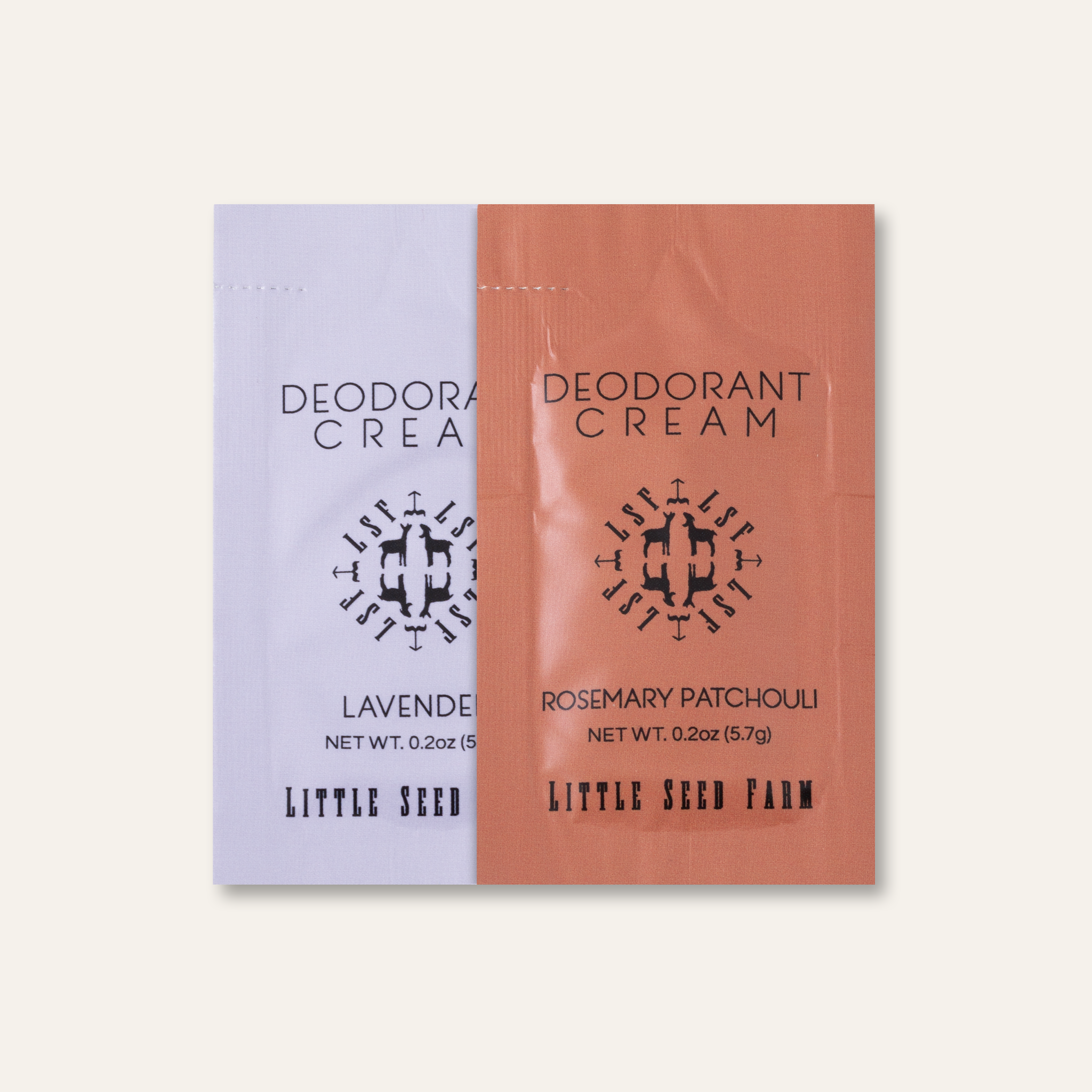 Lavender natural deodorant cream sample pouch, aluminum‑ and baking soda‑free with calming lavender and eucalyptus blend for soothing daily freshness. Rosemary Patchouli natural deodorant cream sample pouch, aluminum‑ and baking soda‑free with grounding patchouli and energizing rosemary for long‑lasting odor protection.