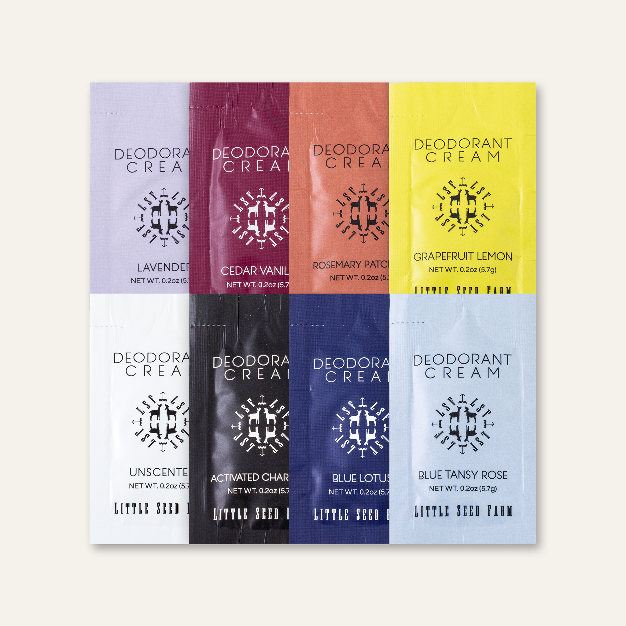 Travel-sized variety pack of eight Little Seed Farm natural deodorant cream pouches, aluminum- and baking soda-free, each containing 0.2 oz of organic deodorant designed to last 3–5 days