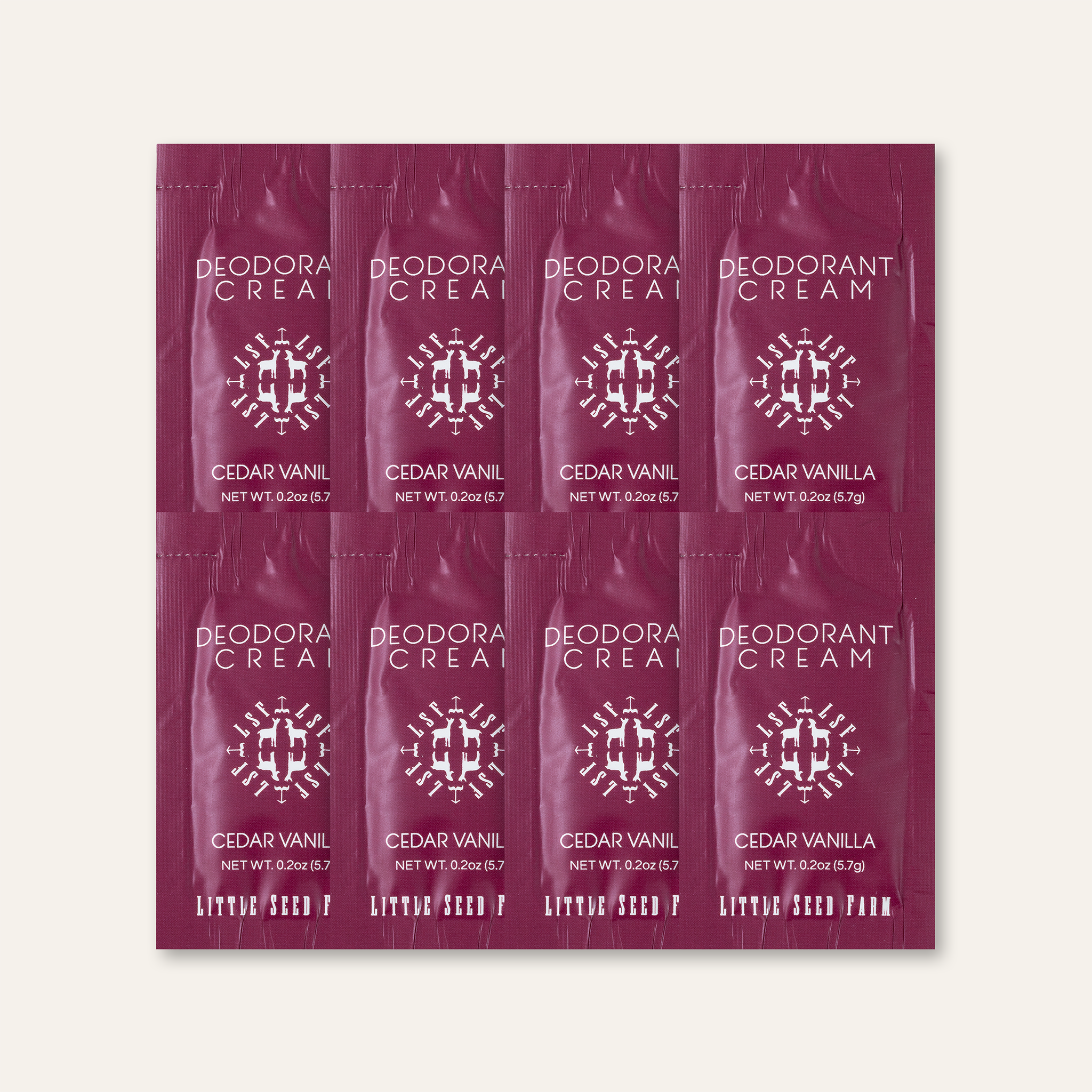 Little Seed Farm Deodorant Travel Pack displayed in a clear zip pouch, featuring eight natural cream deodorant samples made with organic ingredients and essential oils for safe, effective odor control on the go.