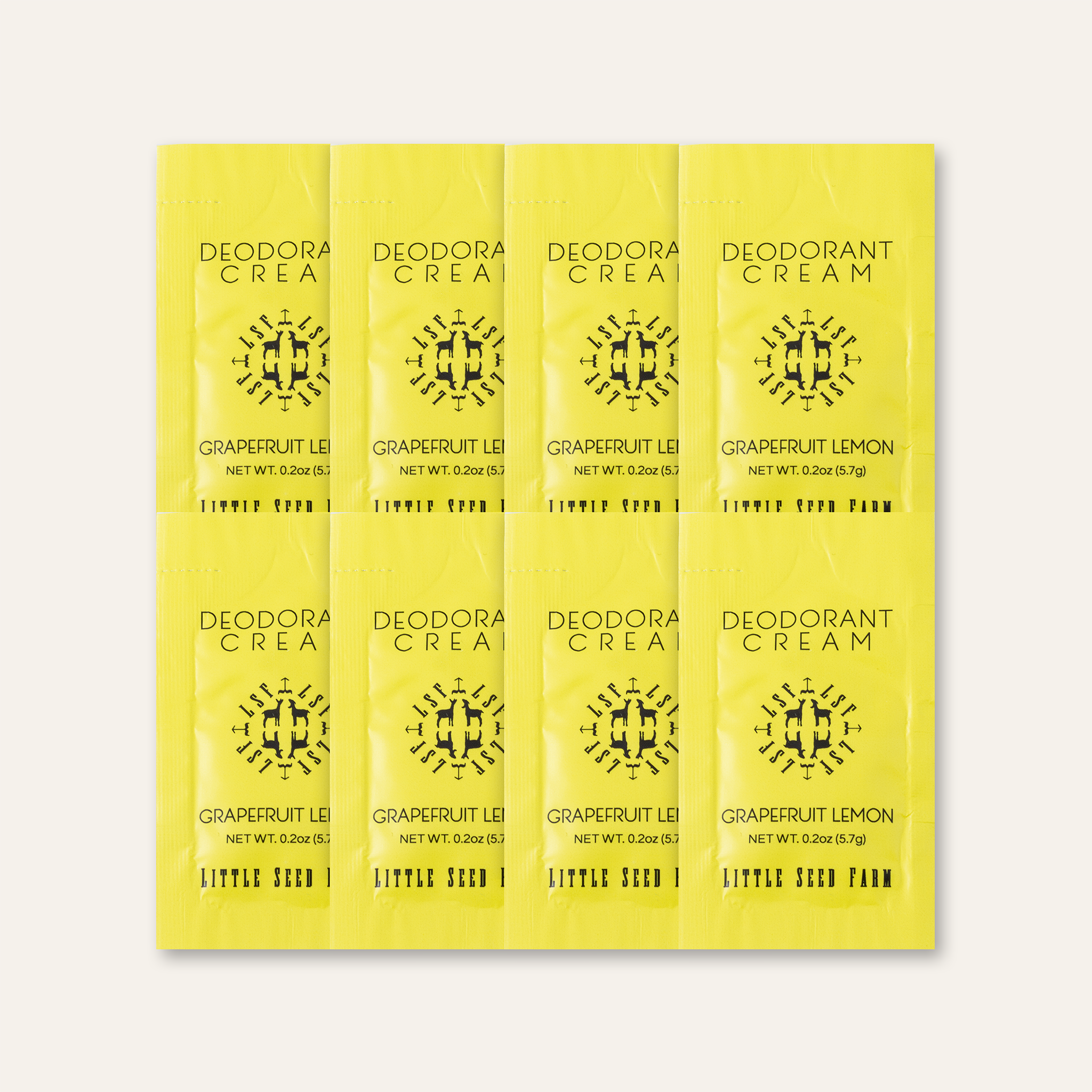 Little Seed Farm Deodorant Travel Pack with eight mini deodorant cream pouches in a reusable zip pouch, formulated without aluminum or baking soda for gentle, effective odor protection while traveling.