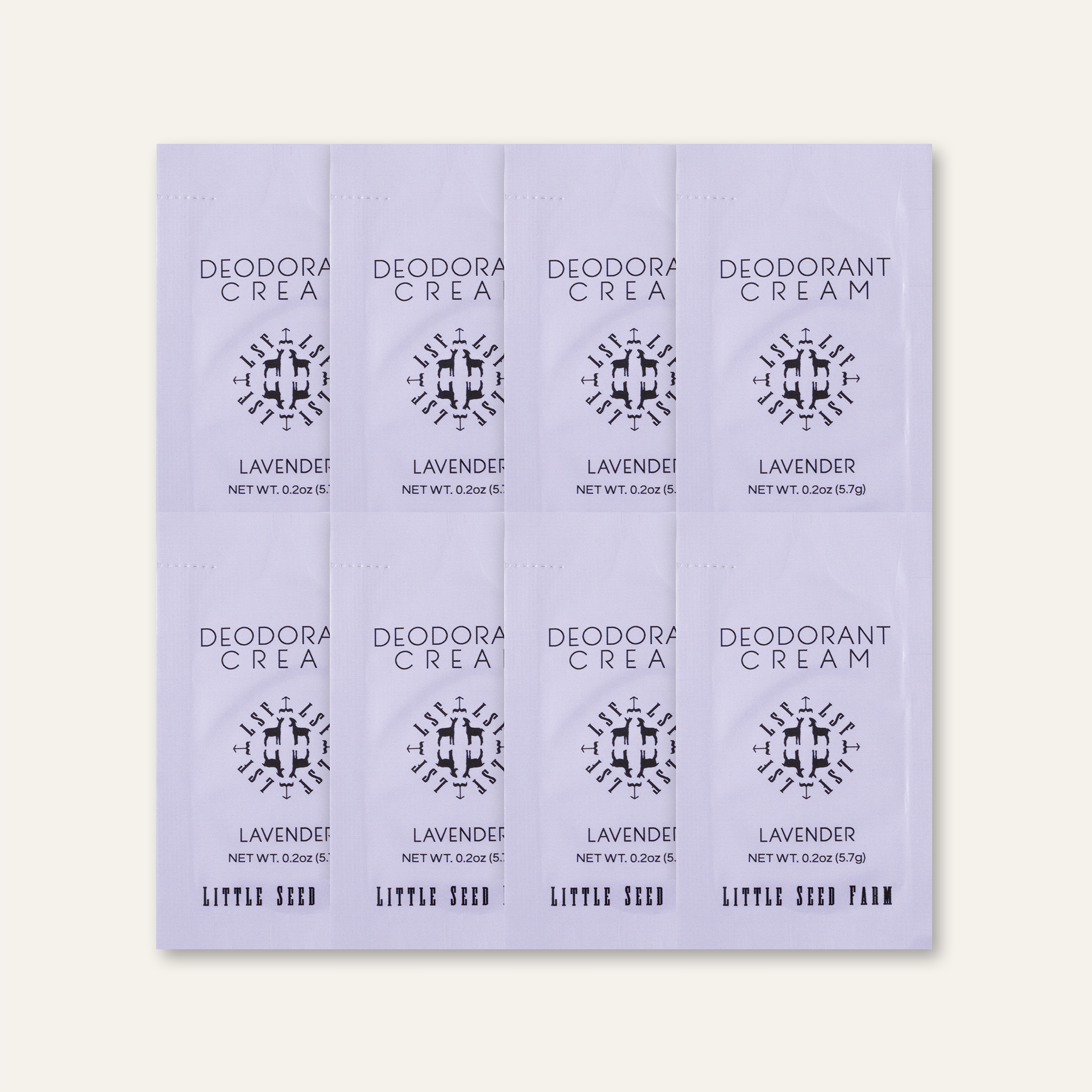 Lavender deodorant cream pouch featuring calming lavender and eucalyptus essential oils in a compact aluminum‑ and baking soda‑free travel sample