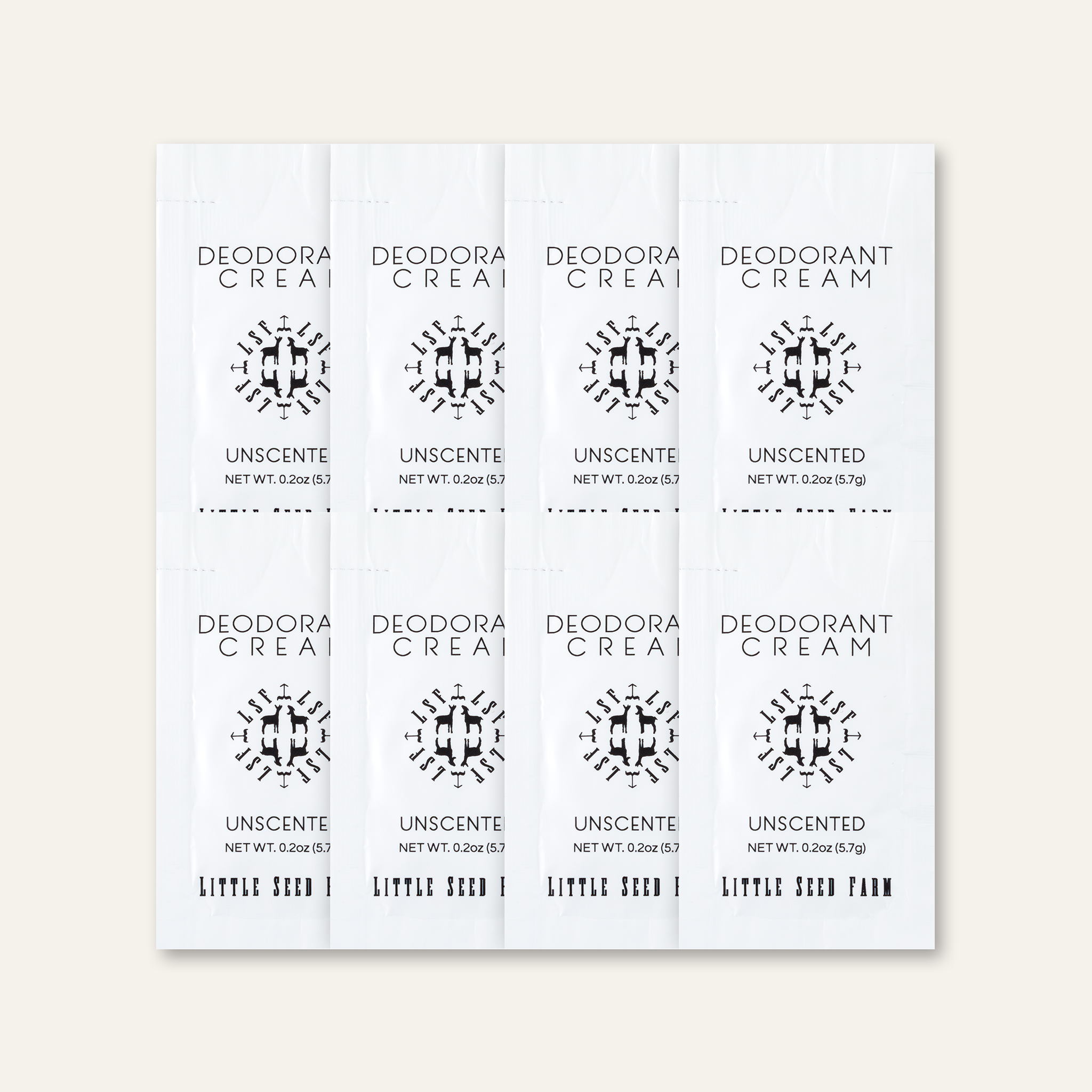 Little Seed Farm Unscented Deodorant Travel Pack with eight 0.2 oz aluminum-free, baking soda-free cream pouches, ideal for sensitive skin and fragrance-free odor protection on the go.