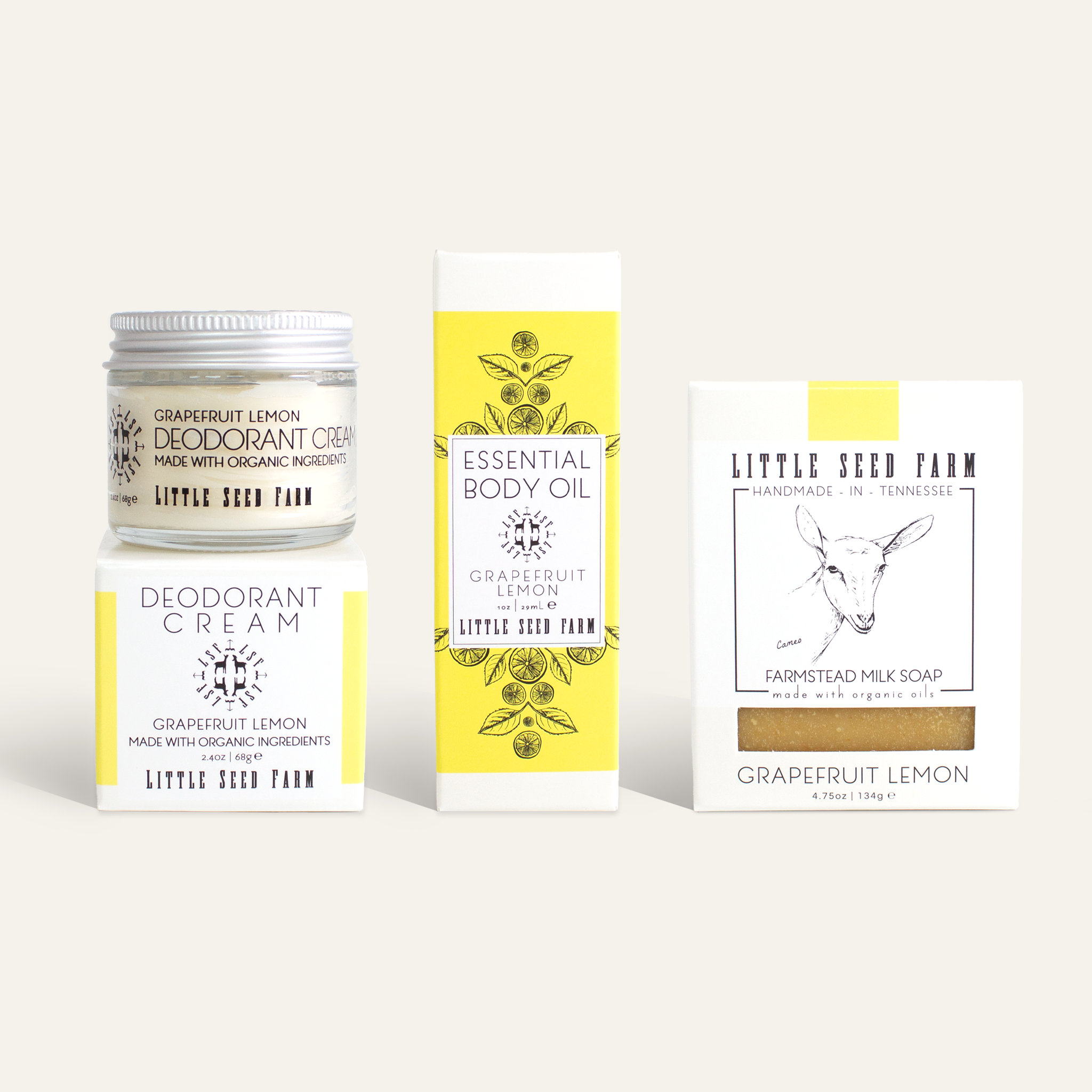 Grapefruit Lemon Bodycare Scent Set featuring goat’s milk soap, deodorant cream, and essential body oil scented with grapefruit peel, orange, lemongrass, and litsea cubeba oils to cleanse, moisturize, and deodorize with bright citrus aroma