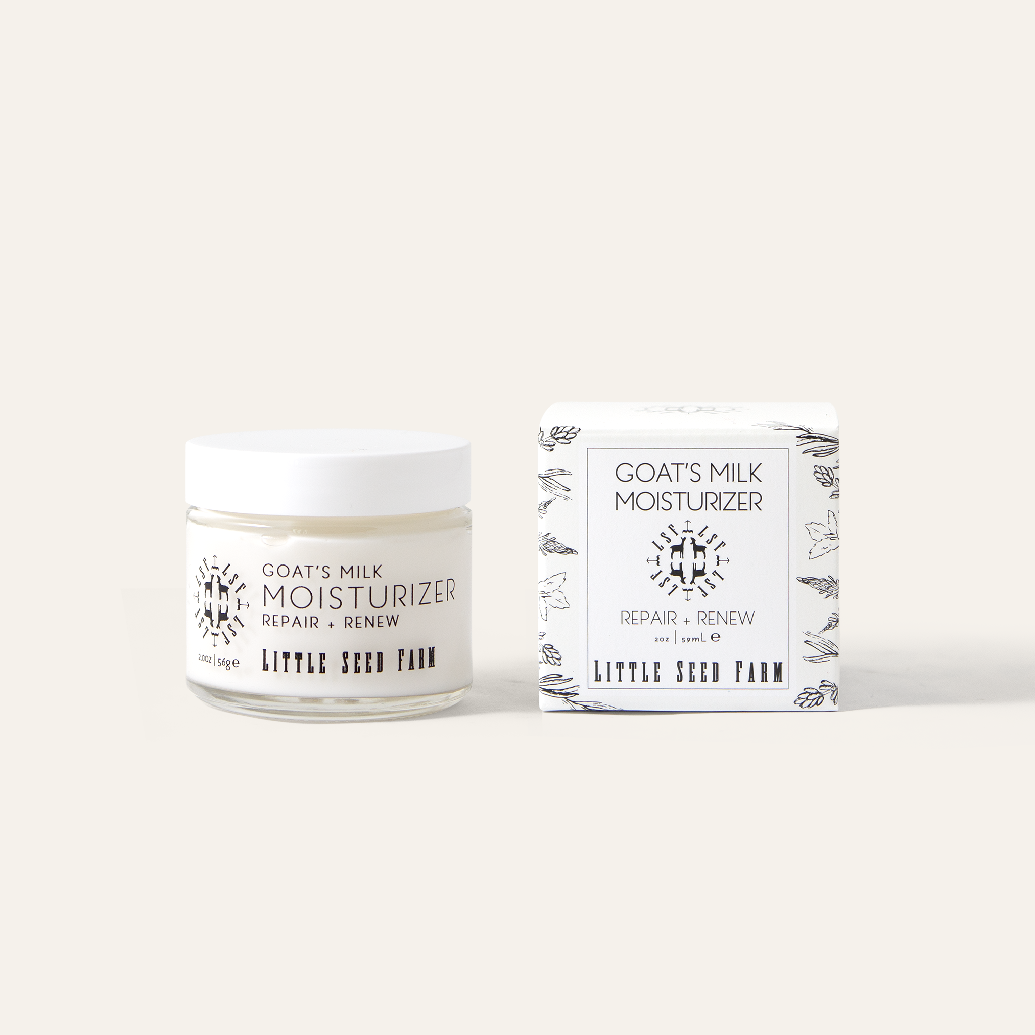 Little Seed Farm Goat’s Milk Moisturizer, an organic lightweight daily facial cream formulated with grass‑fed goat’s milk, argan oil, aloe leaf juice, and perilla seed oil for soothing hydration, gentle resurfacing, and a silky matte finish