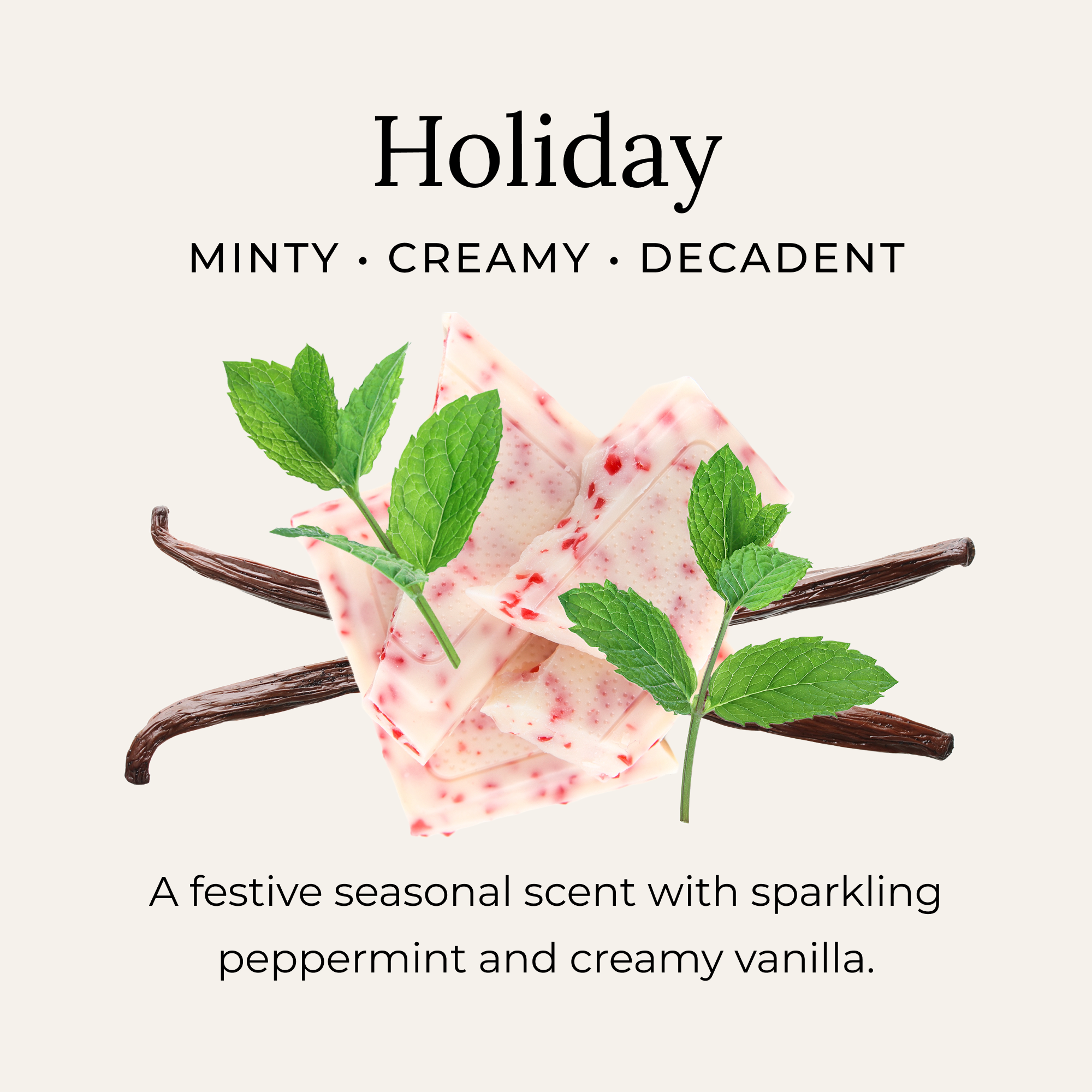 Holiday scent description of minty, seasonal scent with creamy vanilla notes