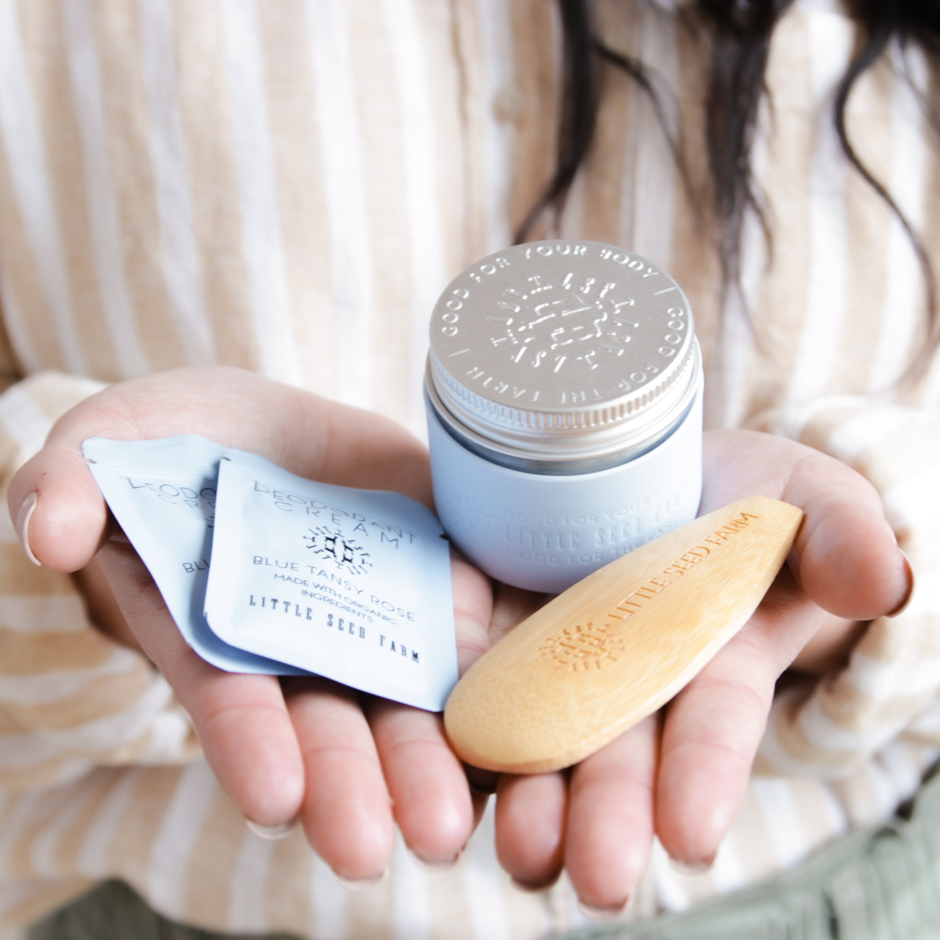 Blue Tansy Rose deodorant cream featuring crisp floral notes from rose and blue tansy, in natural starter bundle.
