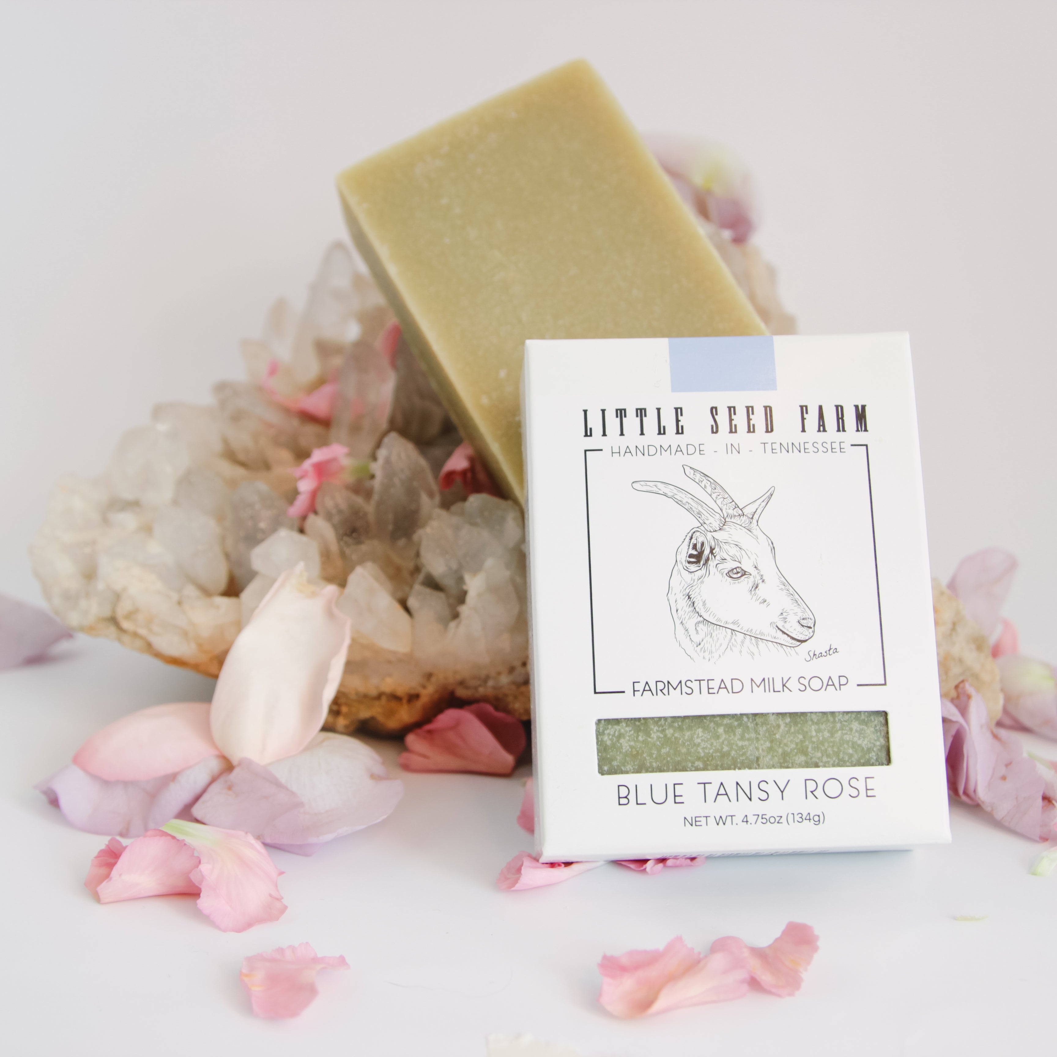 Blue Tansy Rose goat milk soap by Little Seed Farm, made with soothing blue tansy and rose essential oils, nourishing goat milk, and natural ingredients for gentle, calming skin care.