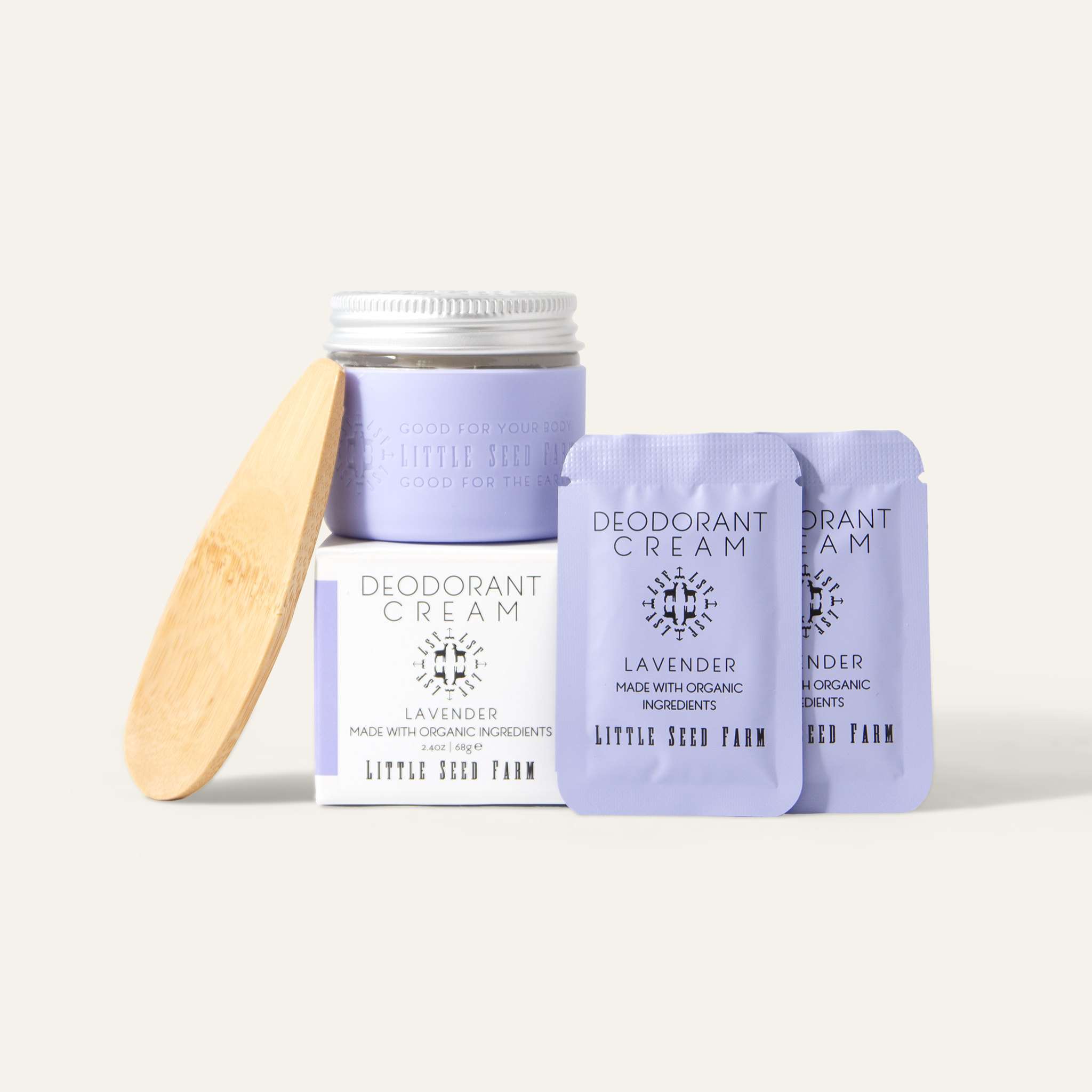 Lavender deodorant cream with calming lavender and eucalyptus scent, organic and 24‑hour protection in starter bundle.