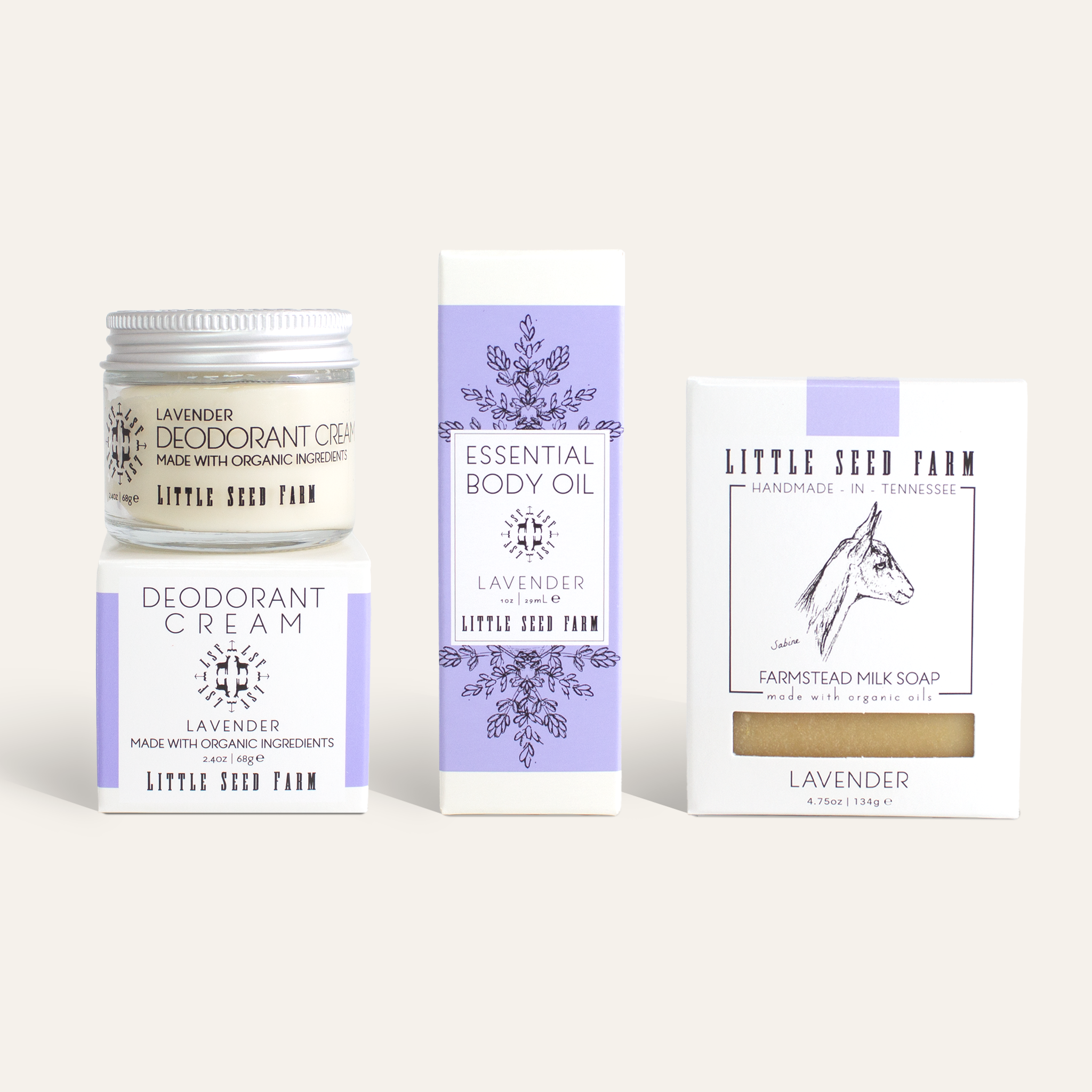 Little Seed Farm Lavender Bodycare Set featuring goat milk soap, botanical body butter, and nourishing body oil, crafted with calming lavender essential oil to soothe, hydrate, and pamper sensitive skin.