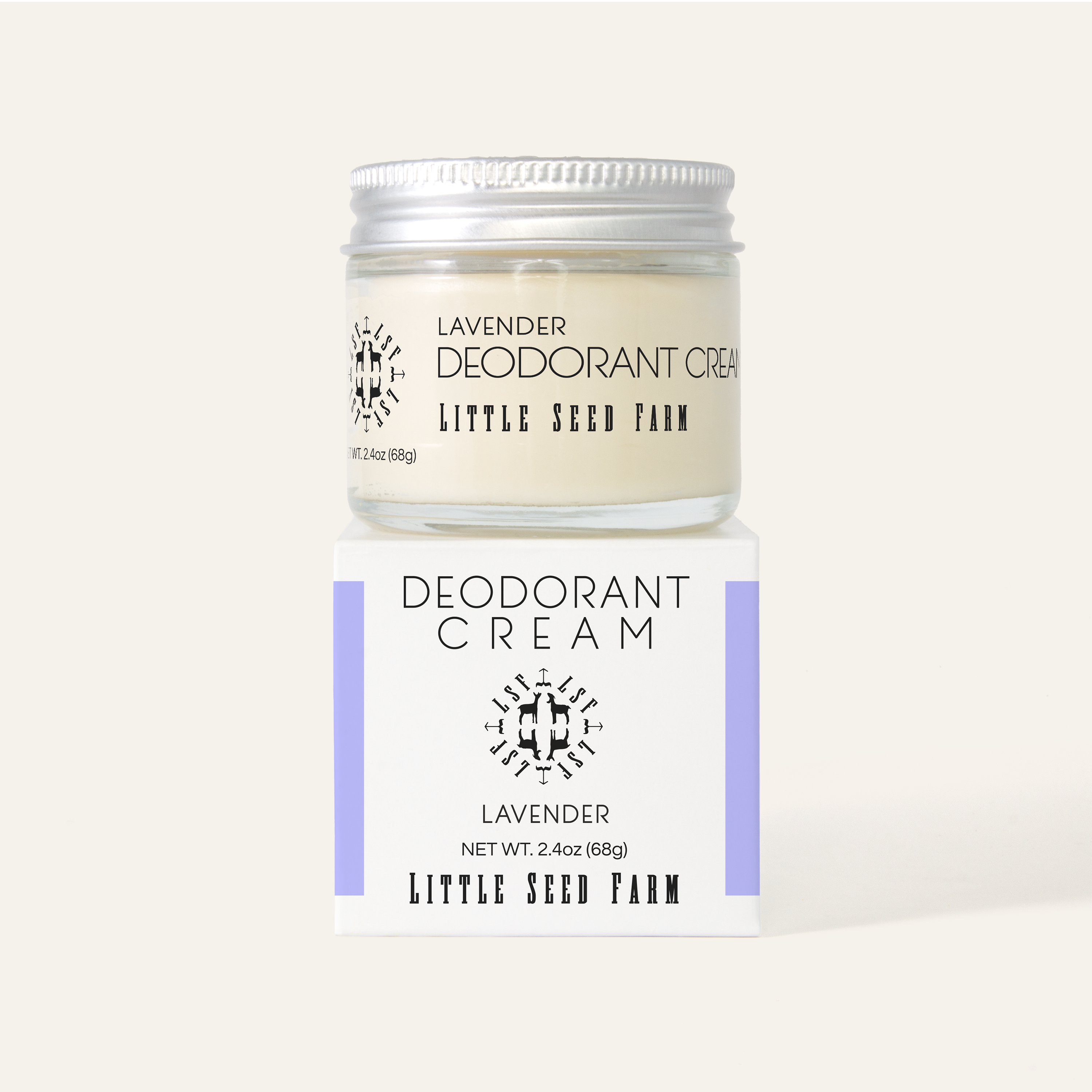 Little Seed Farm Lavender Deodorant Cream jar beside its packaging box, displaying the natural and organic deodorant.