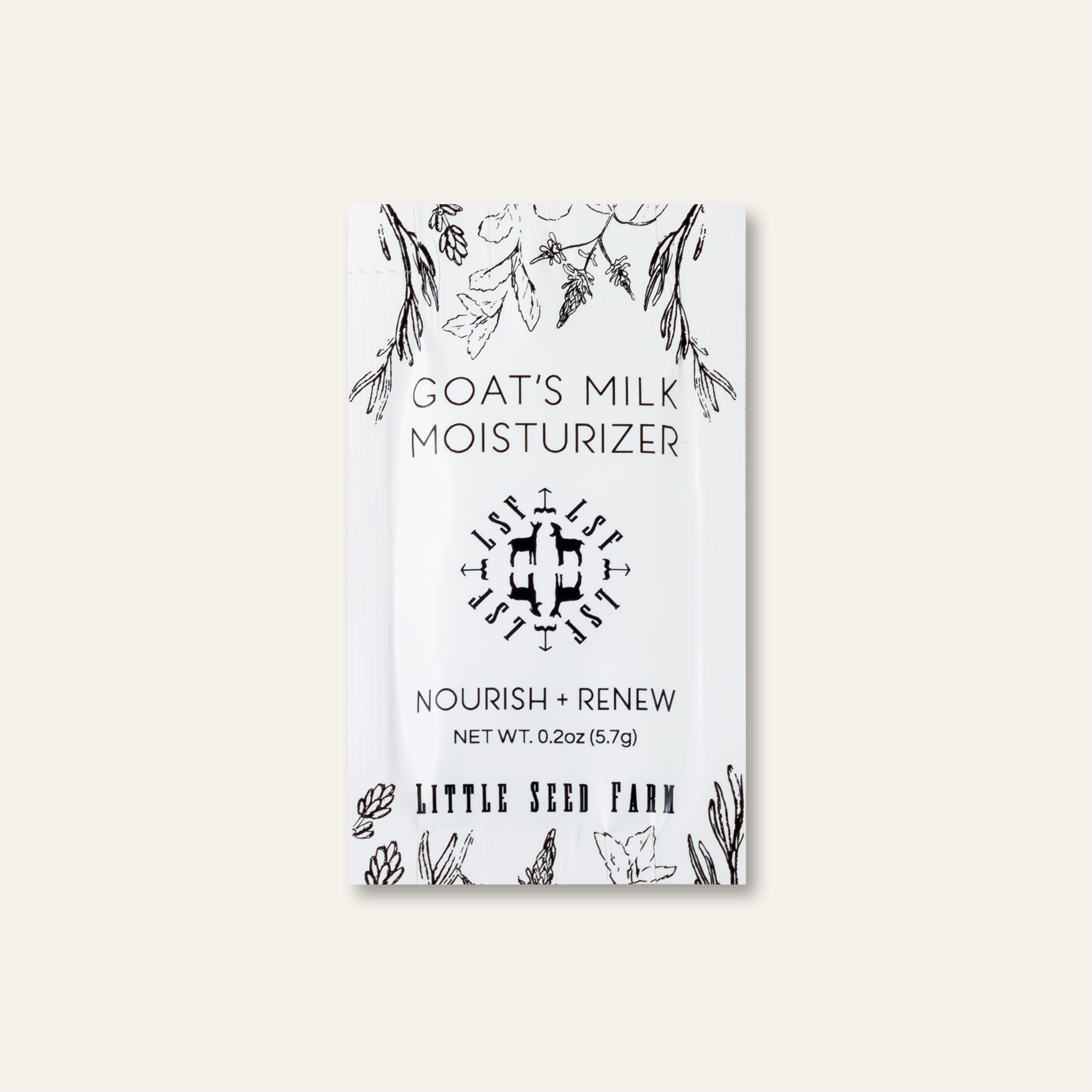 Free sample of Little Seed Farm Goat’s Milk Moisturizer, a lightweight 0.2 oz organic cream formulated with grass‑fed goat’s milk, argan oil, aloe juice, and perilla seed oil to hydrate, calm redness, gently resurface, and leave a silky matte finish