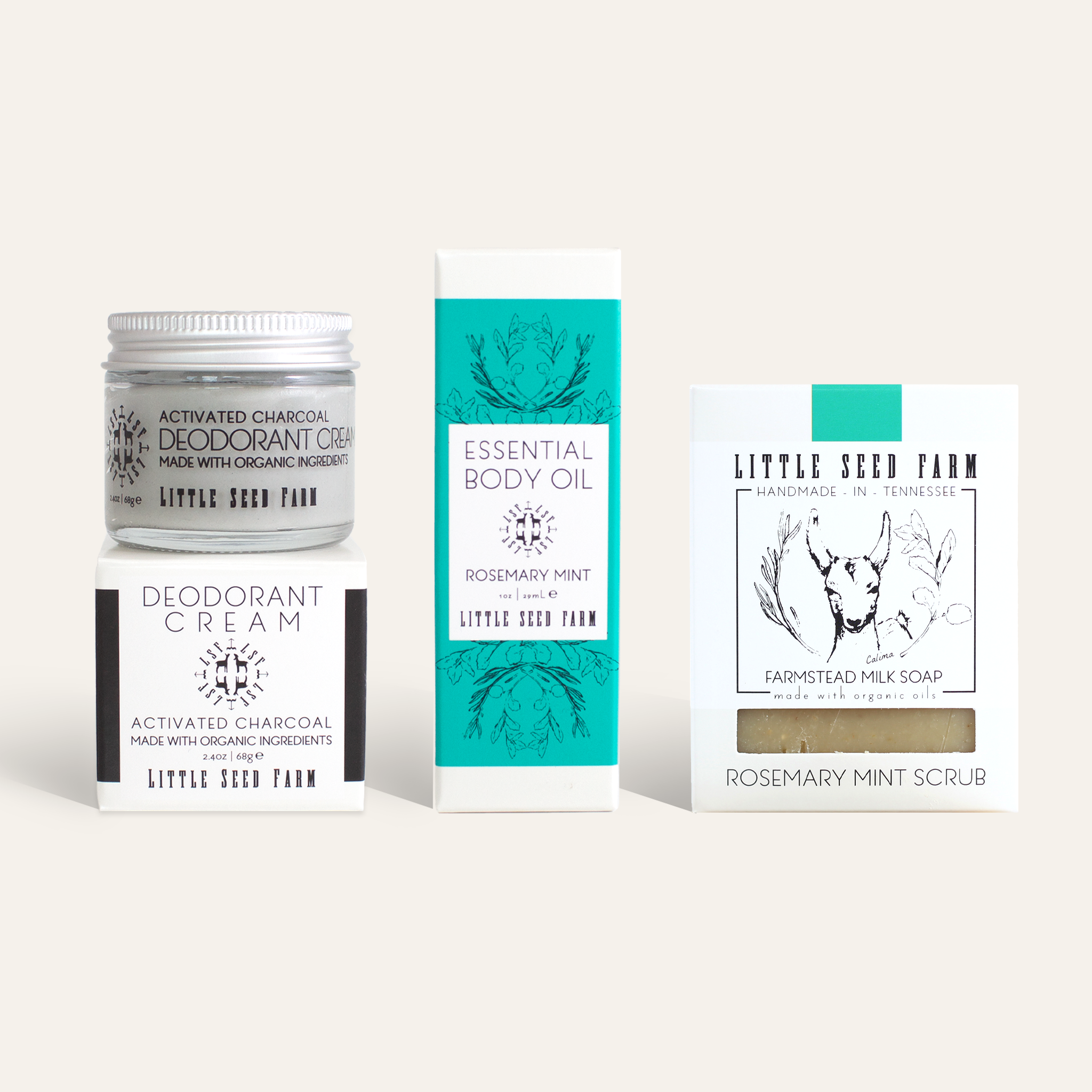 Rosemary Mint Bodycare Scent Set from Little Seed Farm, featuring invigorating goat’s milk soap, aluminum-free deodorant cream, and hydrating body oil crafted with organic rosemary and peppermint oils to refresh, cleanse, and soothe skin.