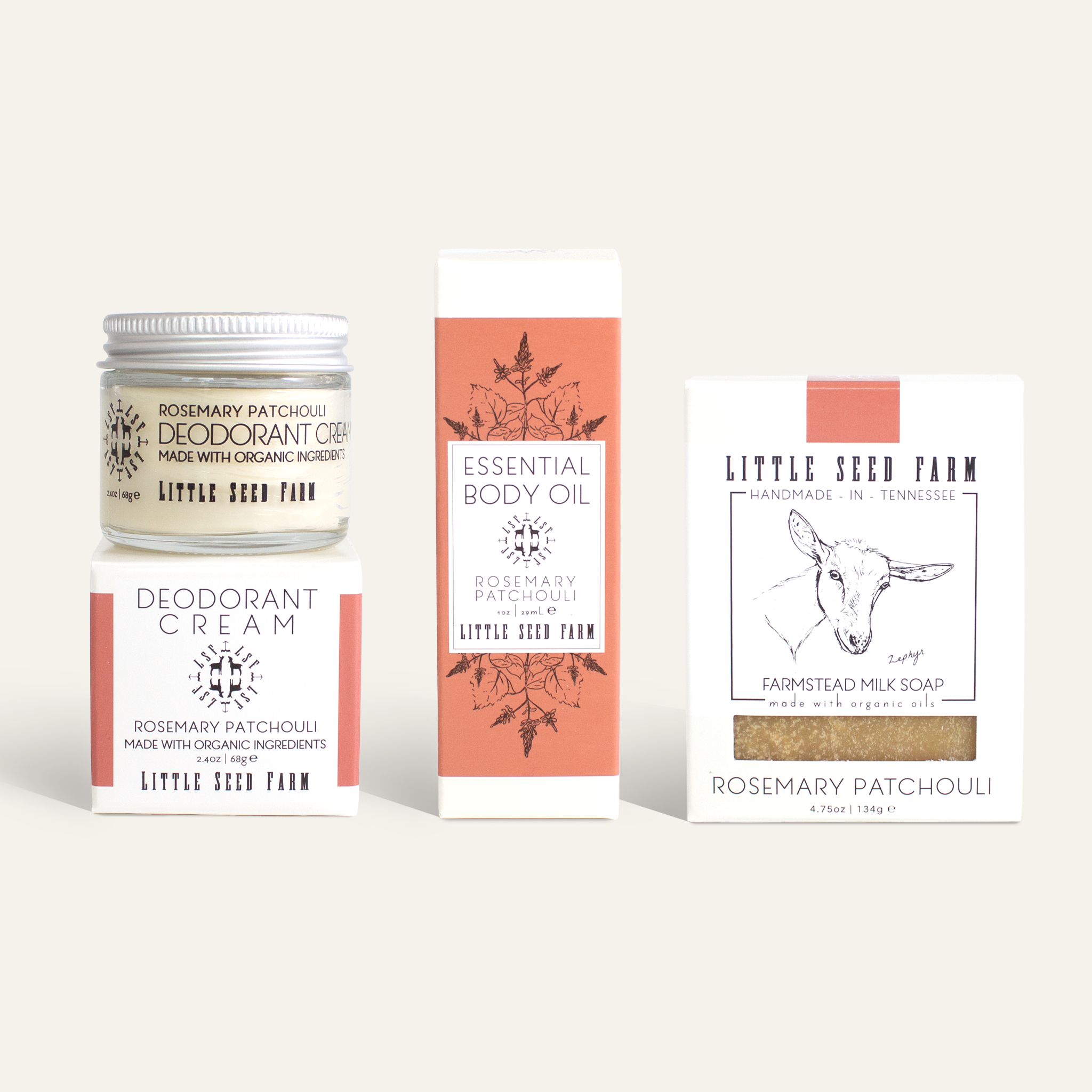Rosemary Patchouli Bodycare Scent Set by Little Seed Farm, including goat’s milk soap, baking soda‑free deodorant cream, and nutrient-rich body oil blended with rosemary and patchouli essential oils to balance skin, soothe irritation, and nourish from head to toe