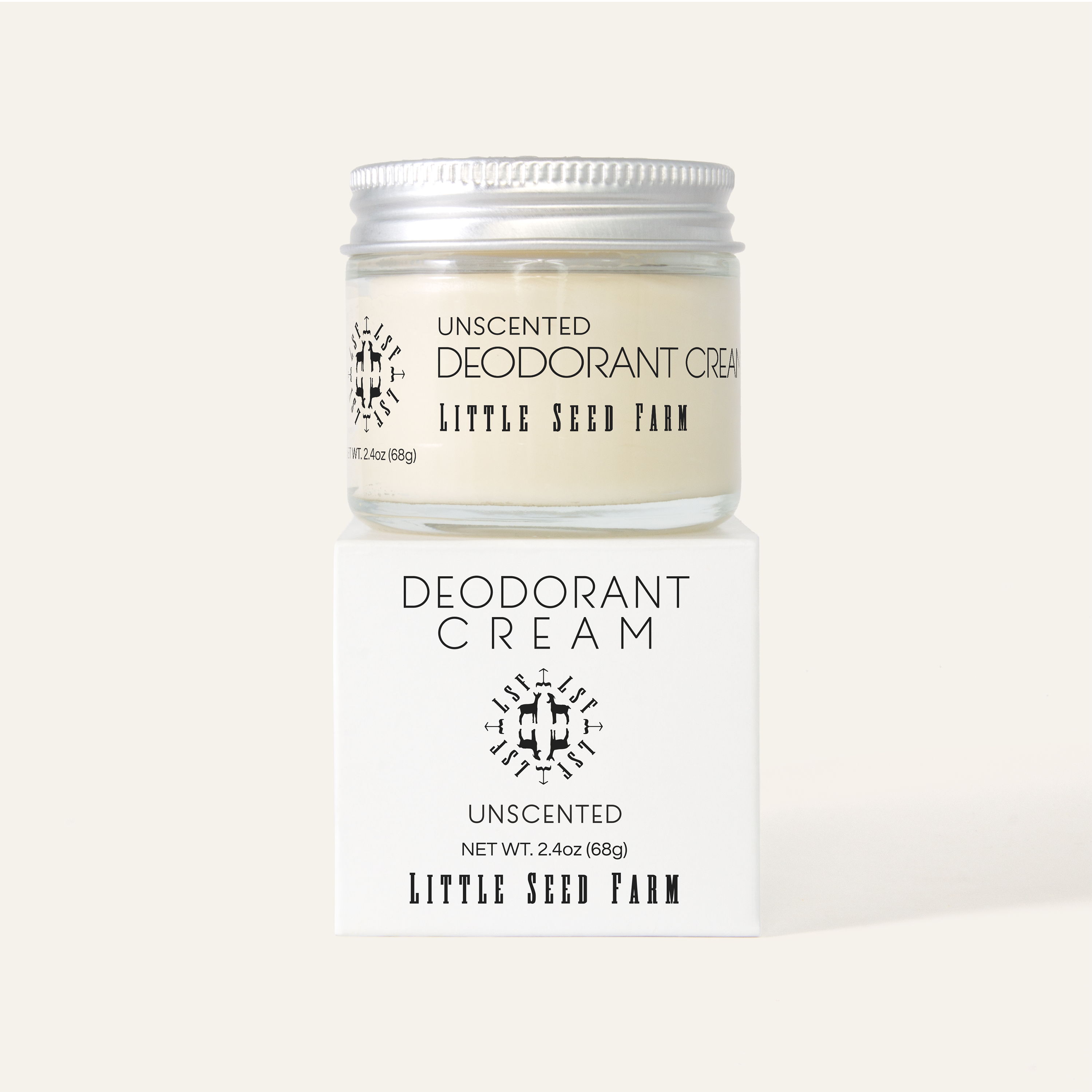 Little Seed Farm Unscented Deodorant Cream in glass jar with minimalist label, aluminum-free and baking soda-free formula