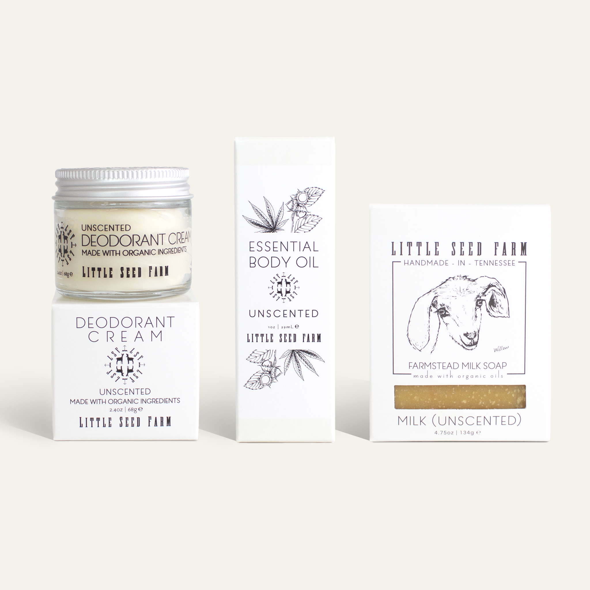 Unscented Bodycare Scent Set with soap, deodorant cream, and essential body oil made without essential oils—ideal for sensitive skin users seeking clean, fragrance-free cleansing, odor protection, and hydration