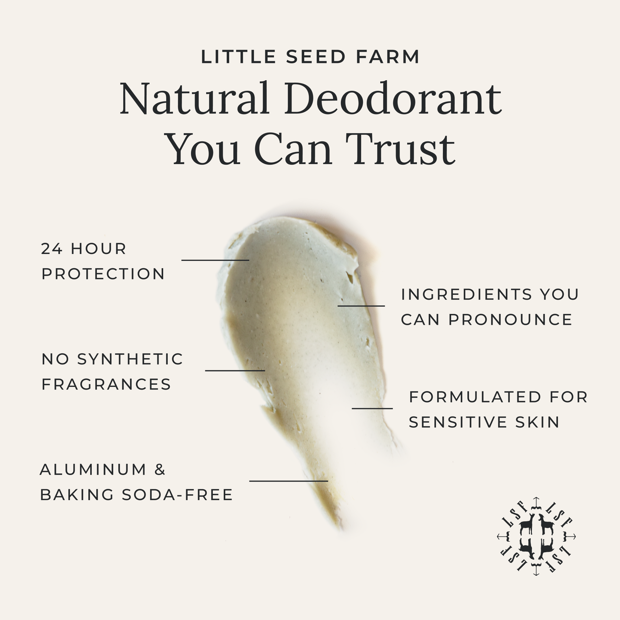 Little Seed Farm natural deodorant benefits card listing aluminum-free, baking soda–free, organic ingredients with long-lasting odor protection and skin-soothing properties.