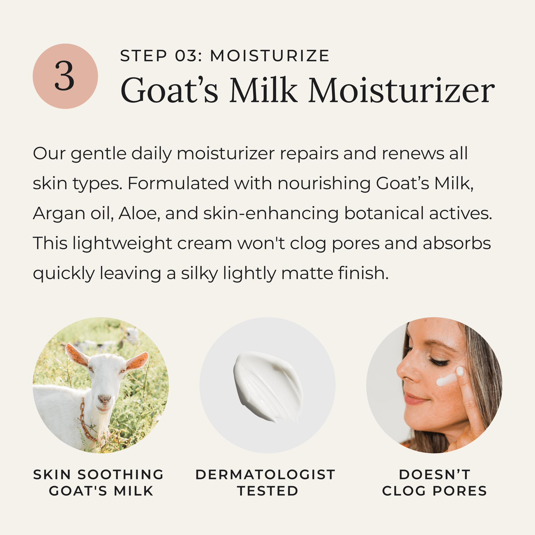 Step 3: Moisturize with Goat’s Milk Moisturizer — a lightweight, nourishing cream made with goat’s milk, argan oil, and aloe to hydrate and renew all skin types. Absorbs quickly without clogging pores, leaving a silky, lightly matte finish. Image shows a goat in a sunny pasture, a dollop of creamy moisturizer, and a woman applying moisturizer to her cheek.