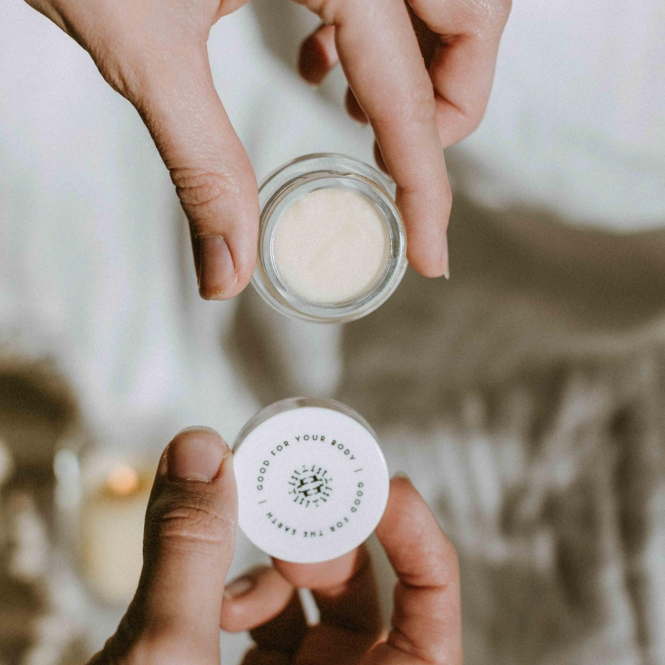 Little Seed Farm Honey Lip Treatment in a glass jar, featuring ultra-hydrating raw honey from the farm, plumping organic camellia oil, and soothing shea butter to nourish and exfoliate lips naturally.