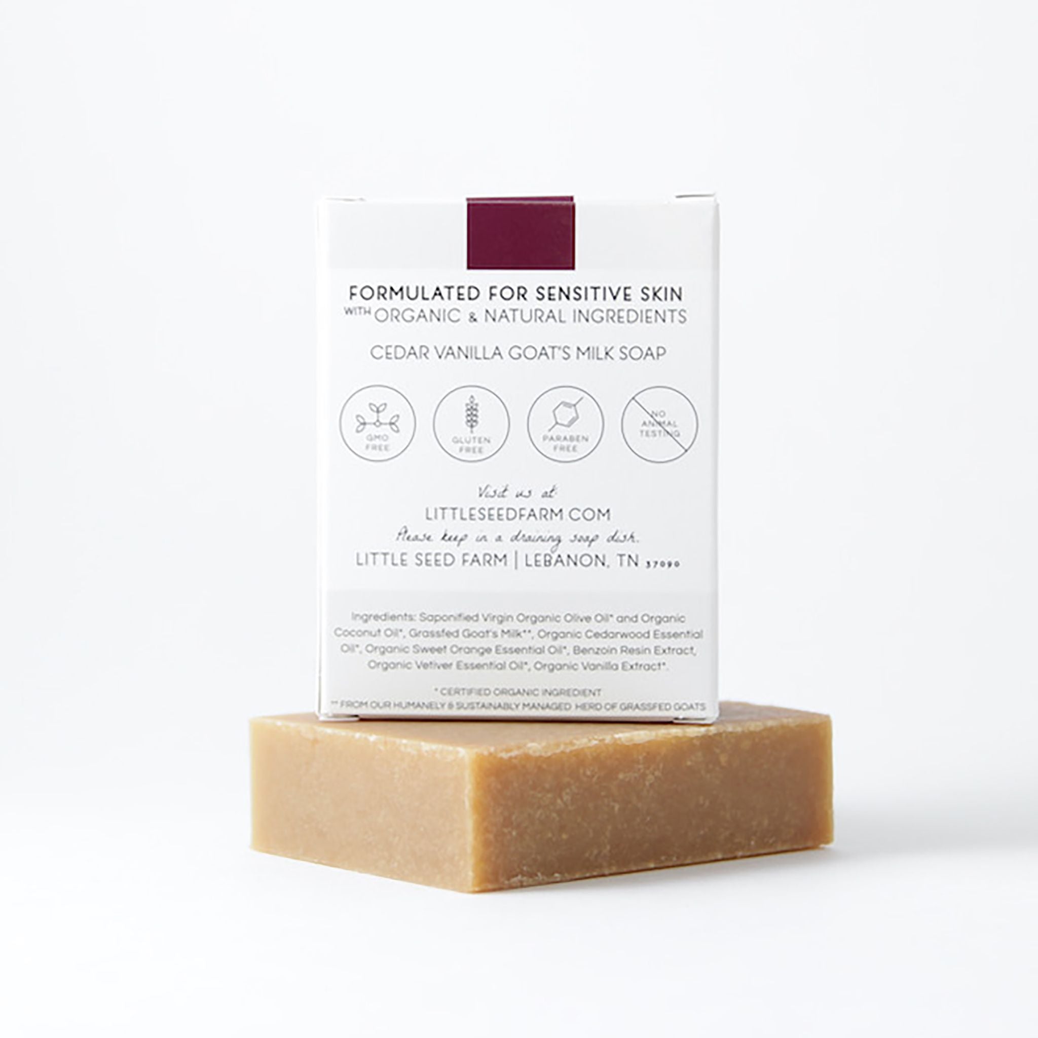 Cedar Vanilla goat milk soap by Little Seed Farm, crafted with warm cedarwood and sweet vanilla essential oils for a comforting, nourishing cleanse with natural ingredients.