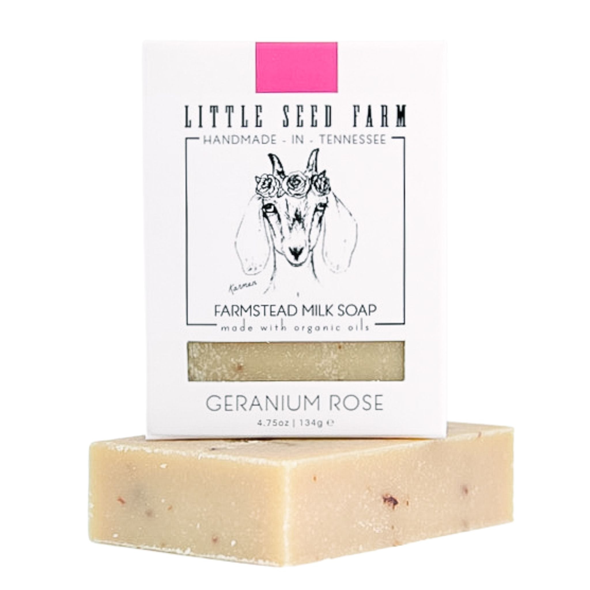 Eco‑friendly packaging of Geranium Rose bar soap highlighting plastic‑free, biodegradable materials and regenerative farm‑produced goat milk soap.