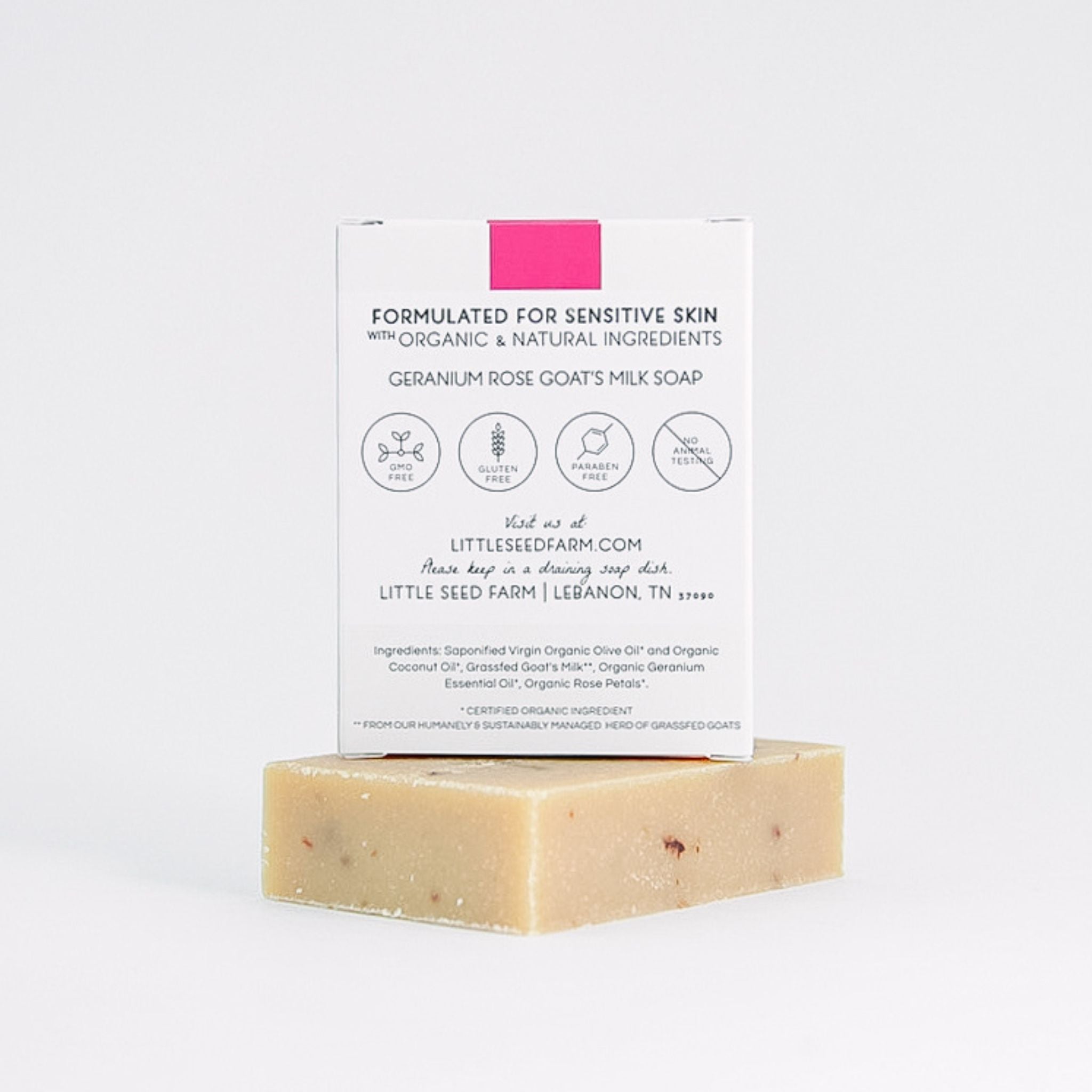 Ingredients list for Geranium Rose healing soap featuring organic grass‑fed goat’s milk, olive oil, coconut oil, geranium flower oil, and rose petals for skin nourishment and hydration.