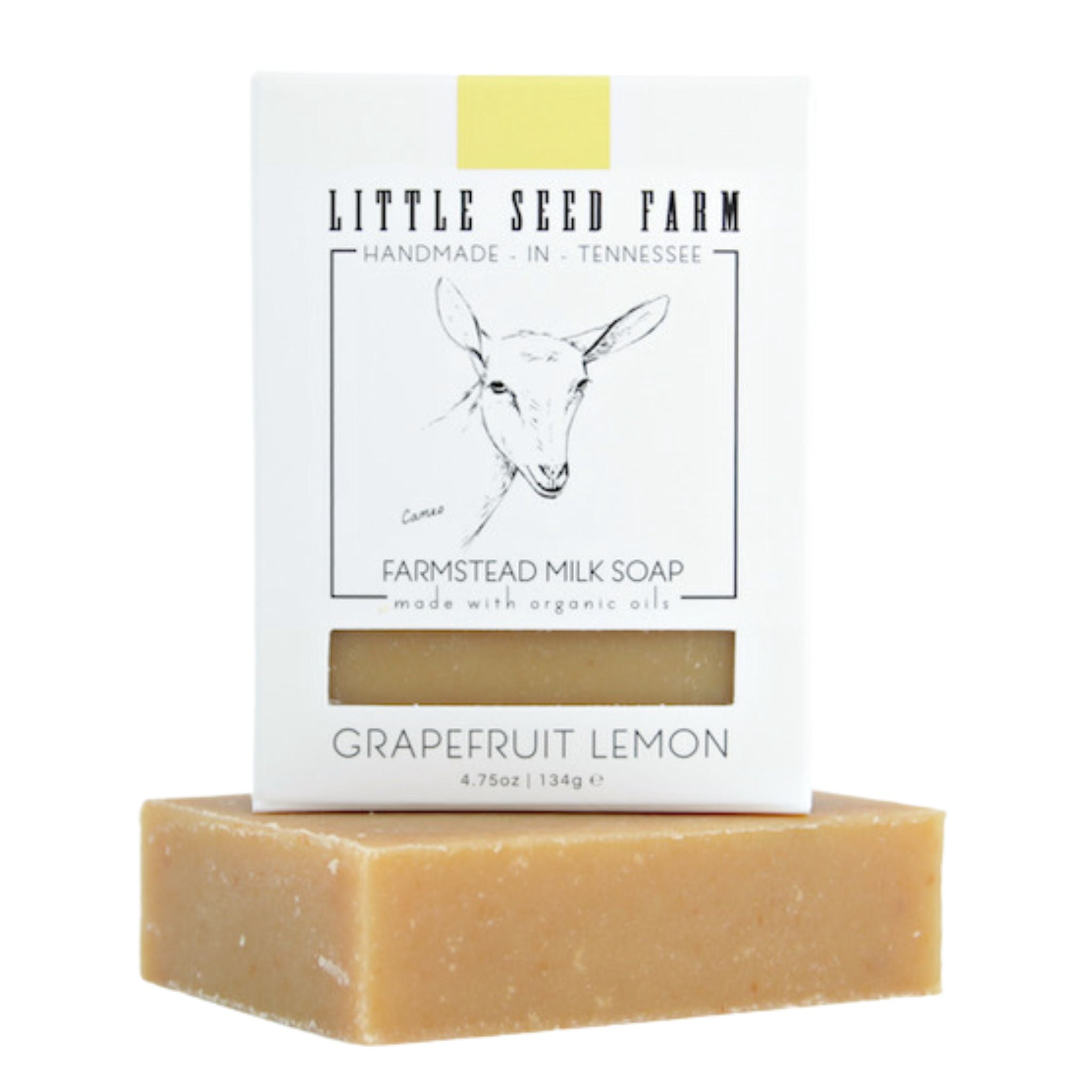 Handmade Grapefruit Lemon goat milk soap label highlighting sustainable regenerative farm production, grass‑fed goat’s milk base, and cruelty‑free organic botanicals.