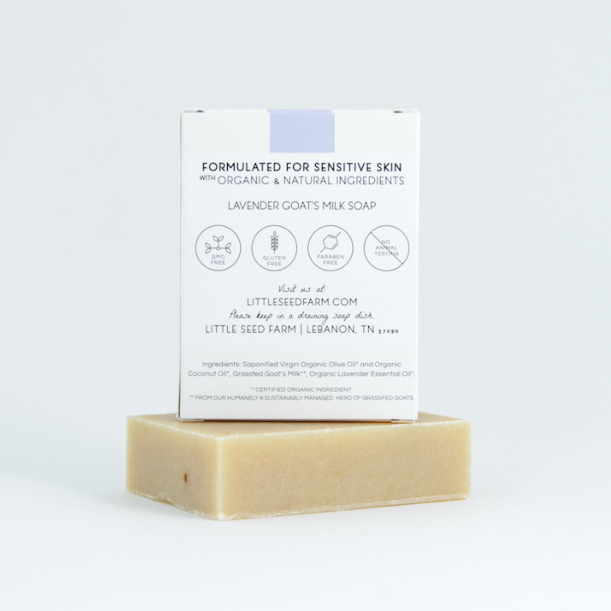 Eco‑friendly, plastic‑free packaging for the Lavender Goat’s Milk Soap emphasizing sustainable, biodegradable materials and cruelty‑free ingredients.