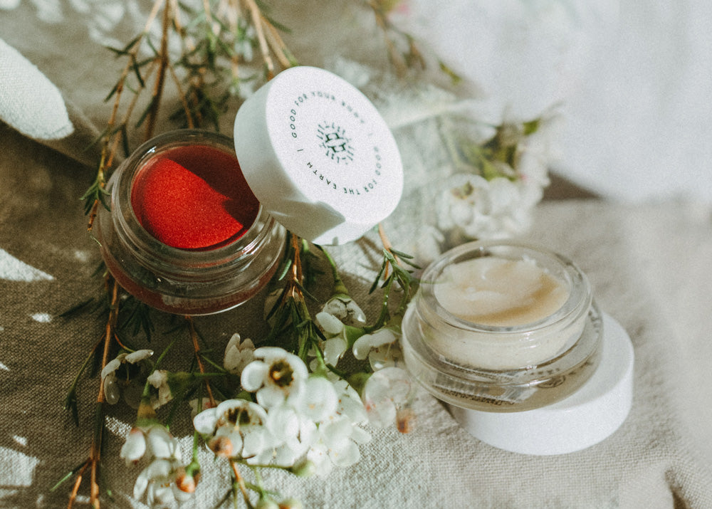 Little Seed Farm Lip Duo set featuring Honey Lip Treatment with raw farm honey and camellia oil for hydration, and Rose Lip Tint in a deep rose shade with berry undertones, nourishing lips, cheeks, and eyelids with organic shea butter and vitamin E.