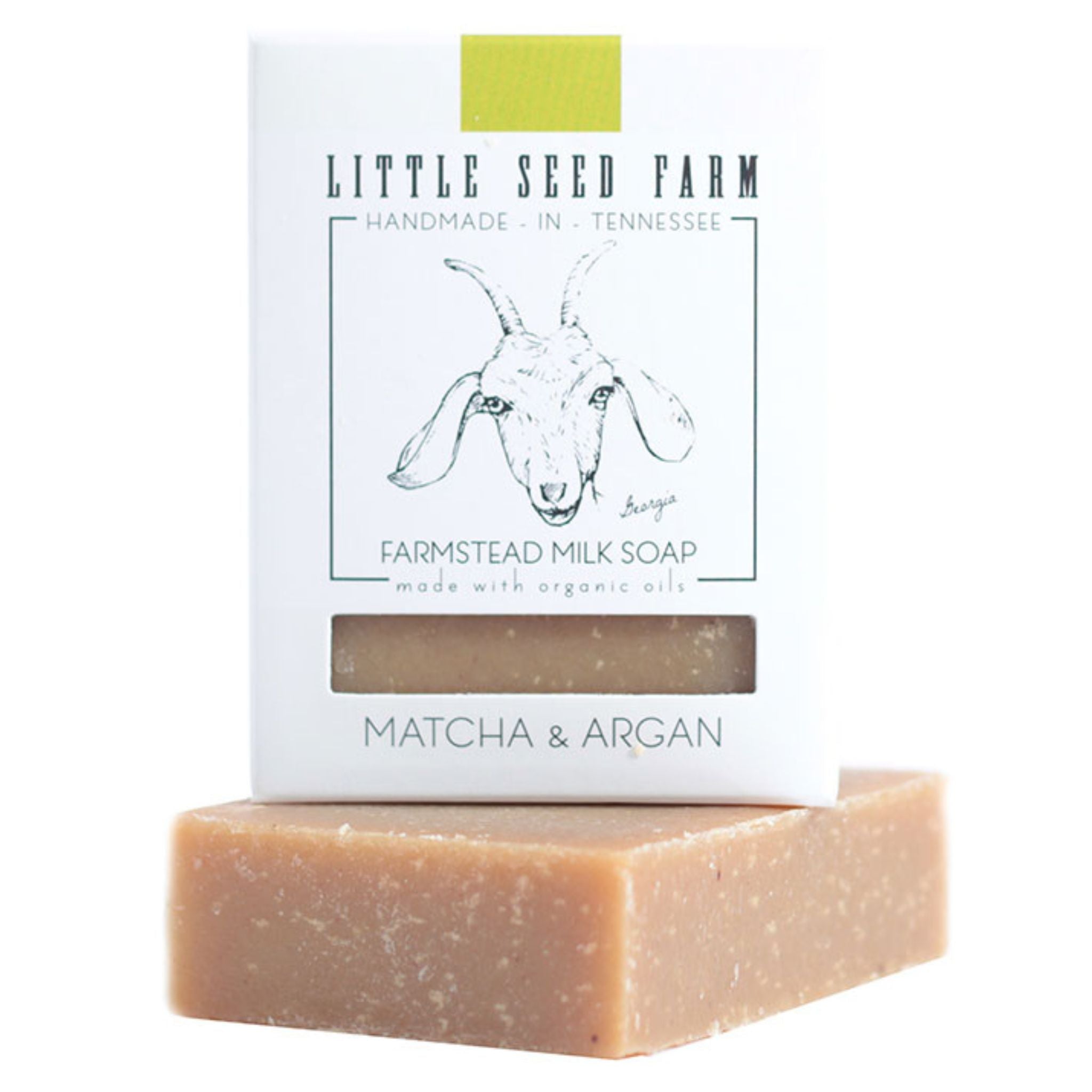 Eco‑friendly, plastic‑free packaging for Little Seed Farm’s Matcha & Argan facial and body bar highlighting sustainable production from farm‑fresh ingredients.